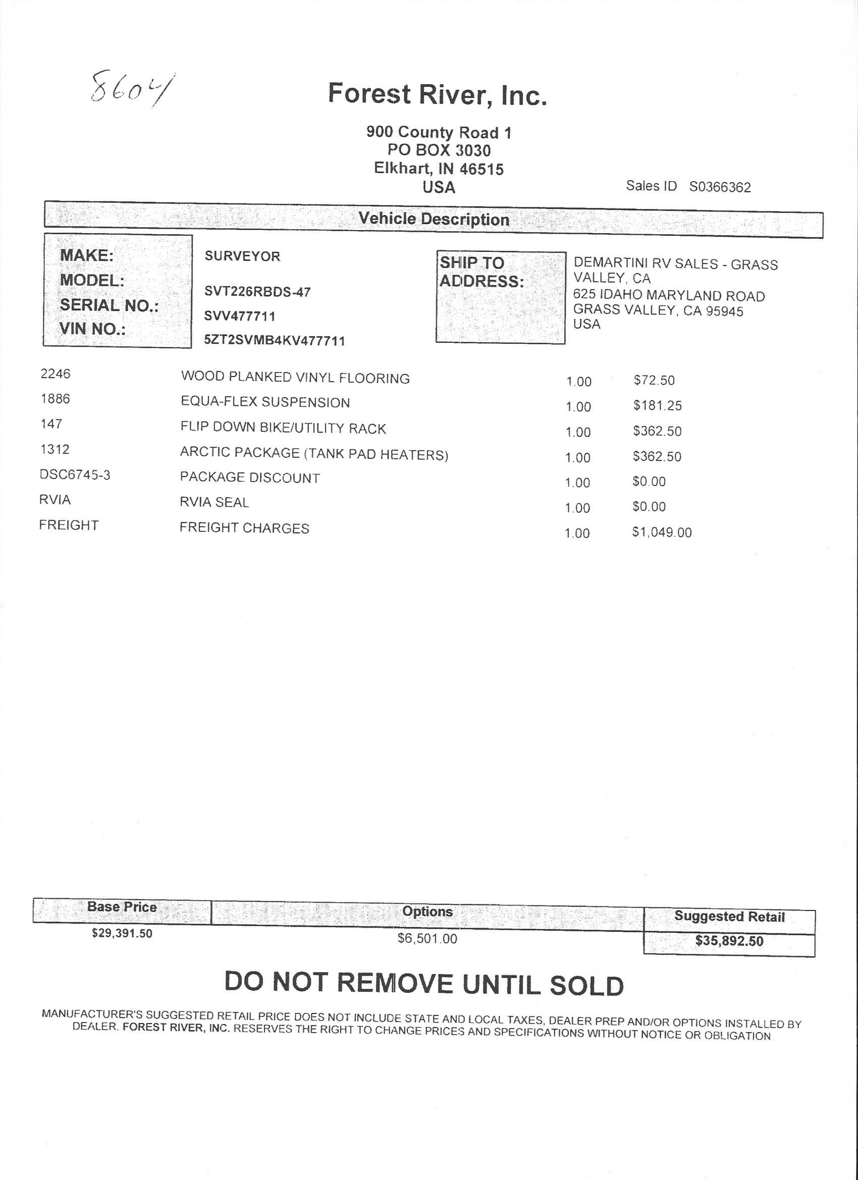 2019 Forest River Surveyor Luxury 226RBDS MSRP Sheet