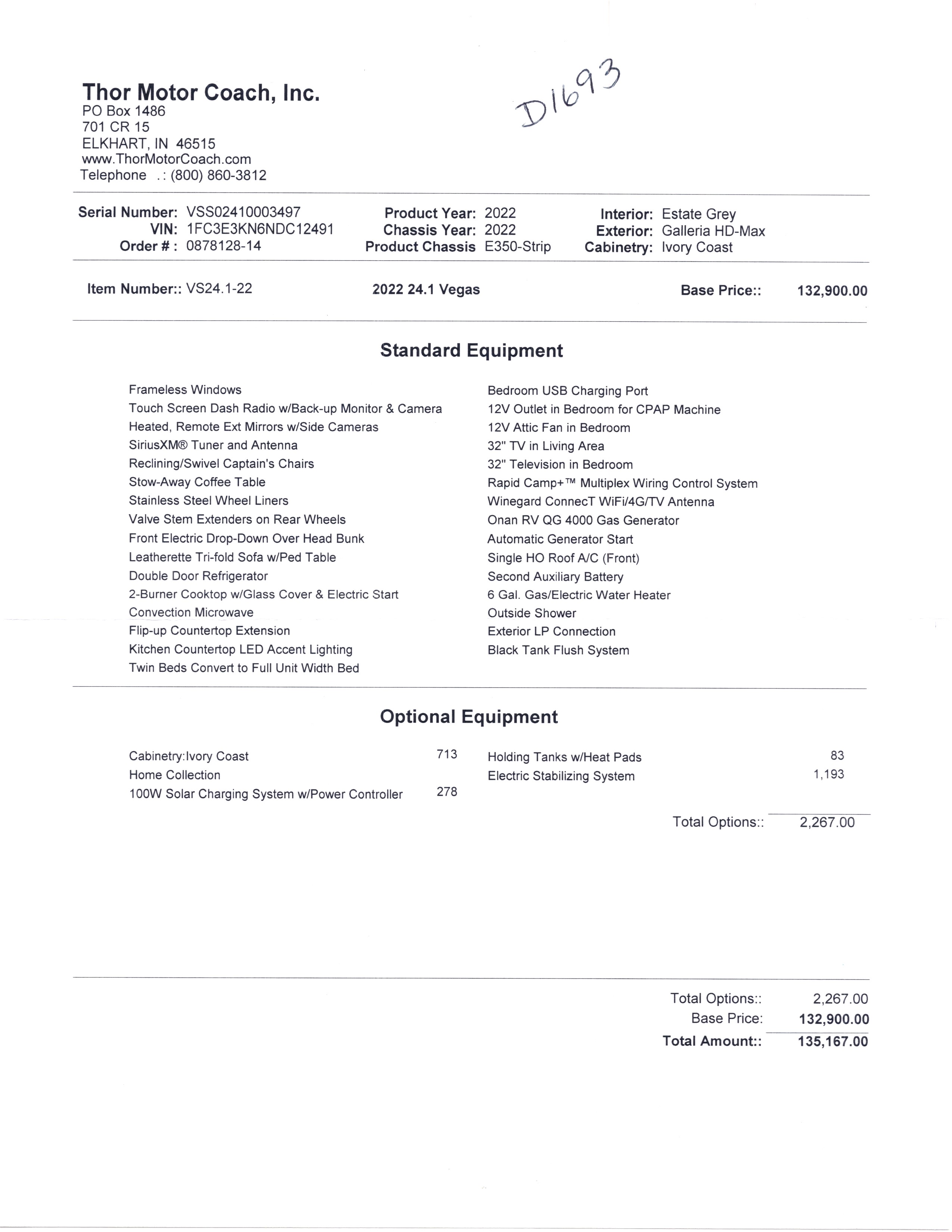 2022 Thor Vegas 24.1 MSRP Sheet