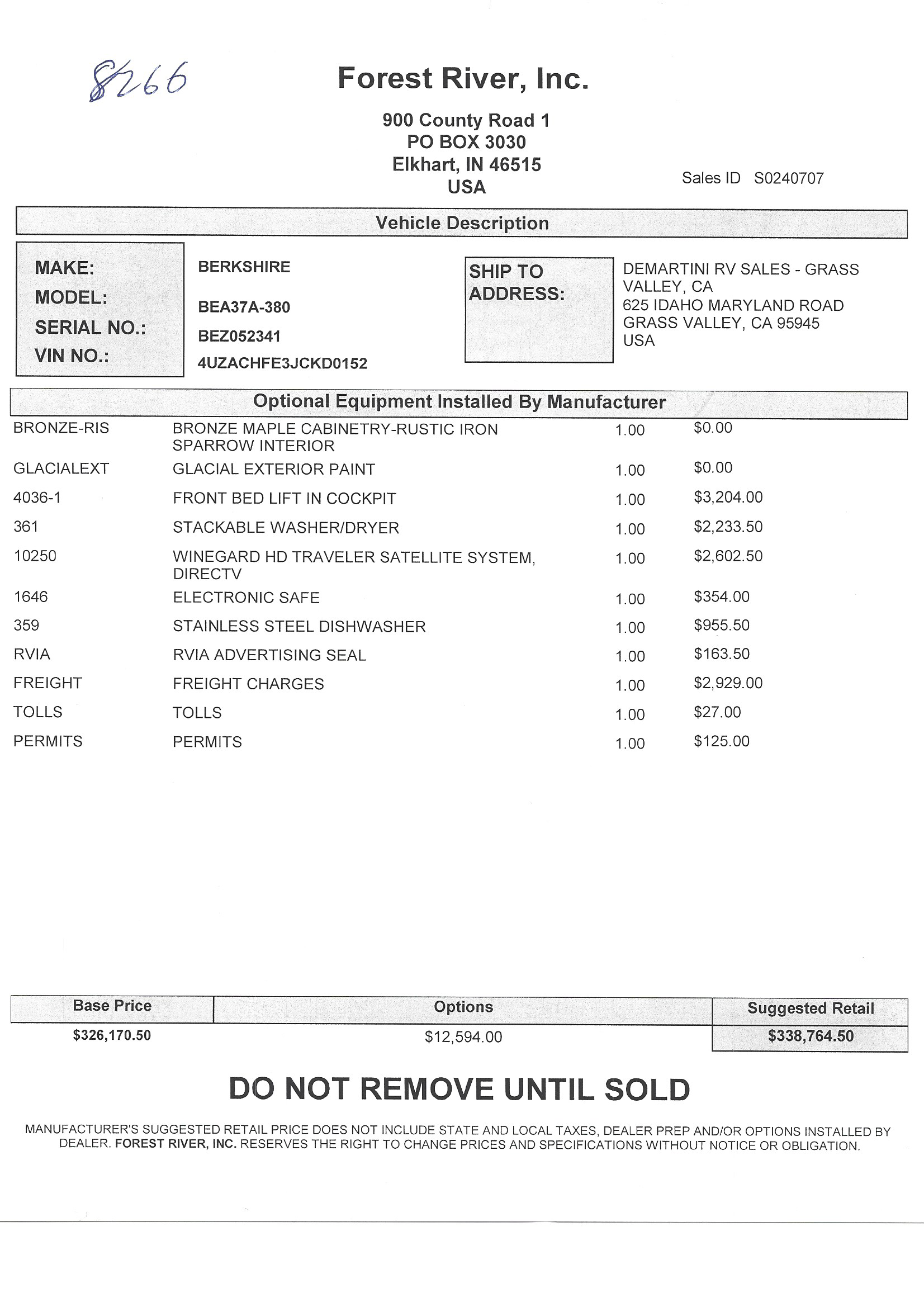 2019 Forest River Berkshire XL 37A MSRP Sheet