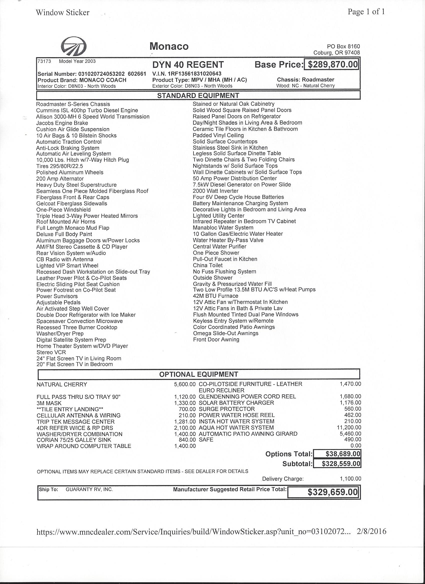 2003 Monaco Dynasty 40 Regent MSRP Sheet