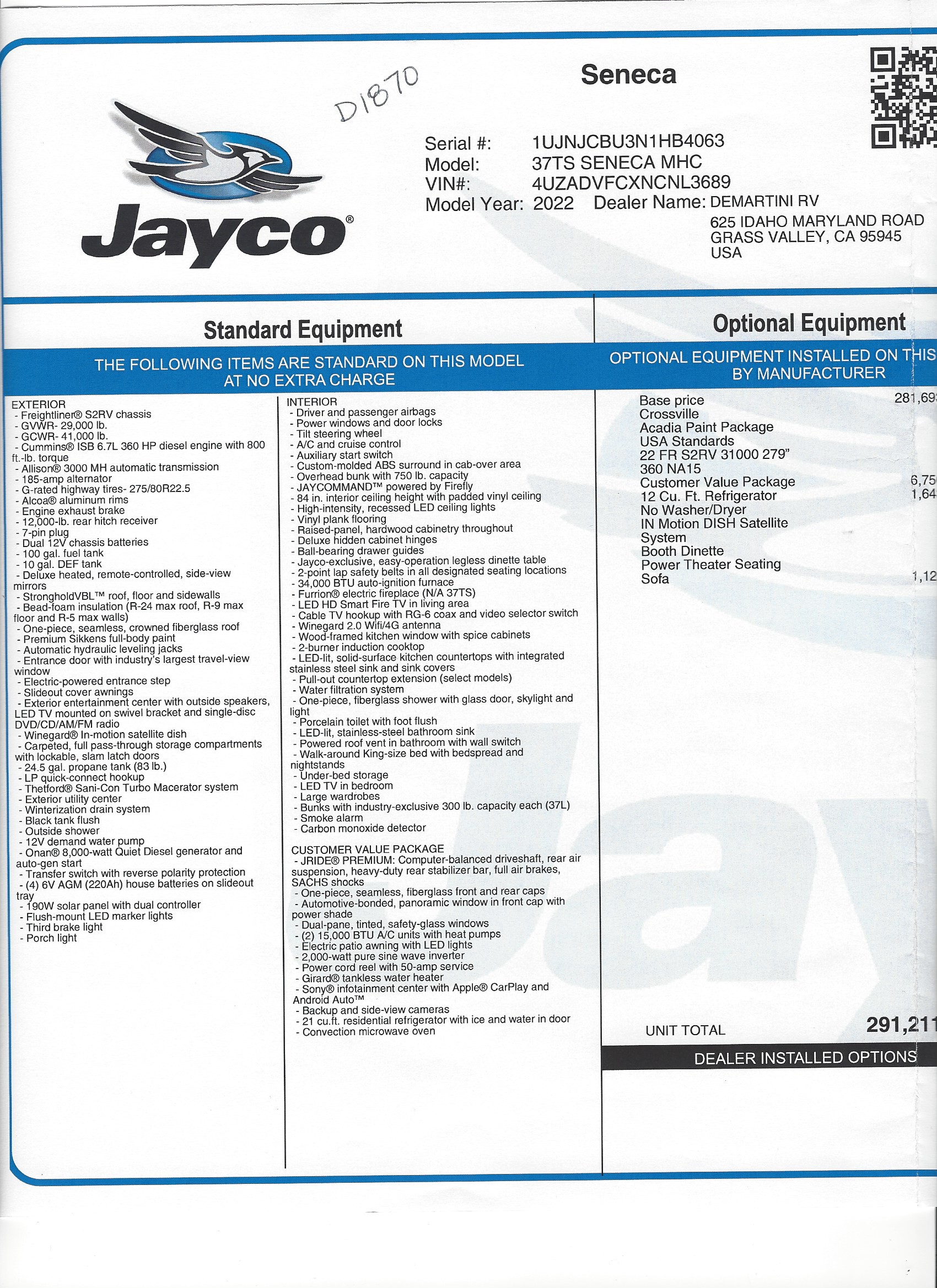 2022 Jayco Seneca 37TS MSRP Sheet