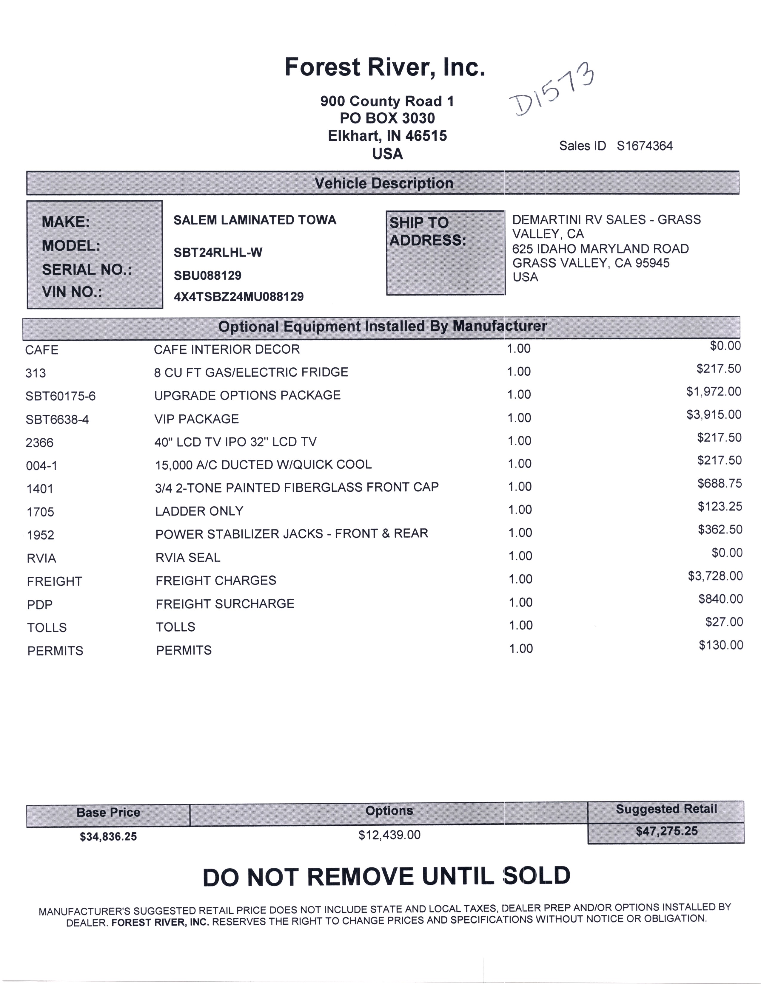 2021 Forest River Salem Hemisphere Hyper-Lyte 24RLHL MSRP Sheet