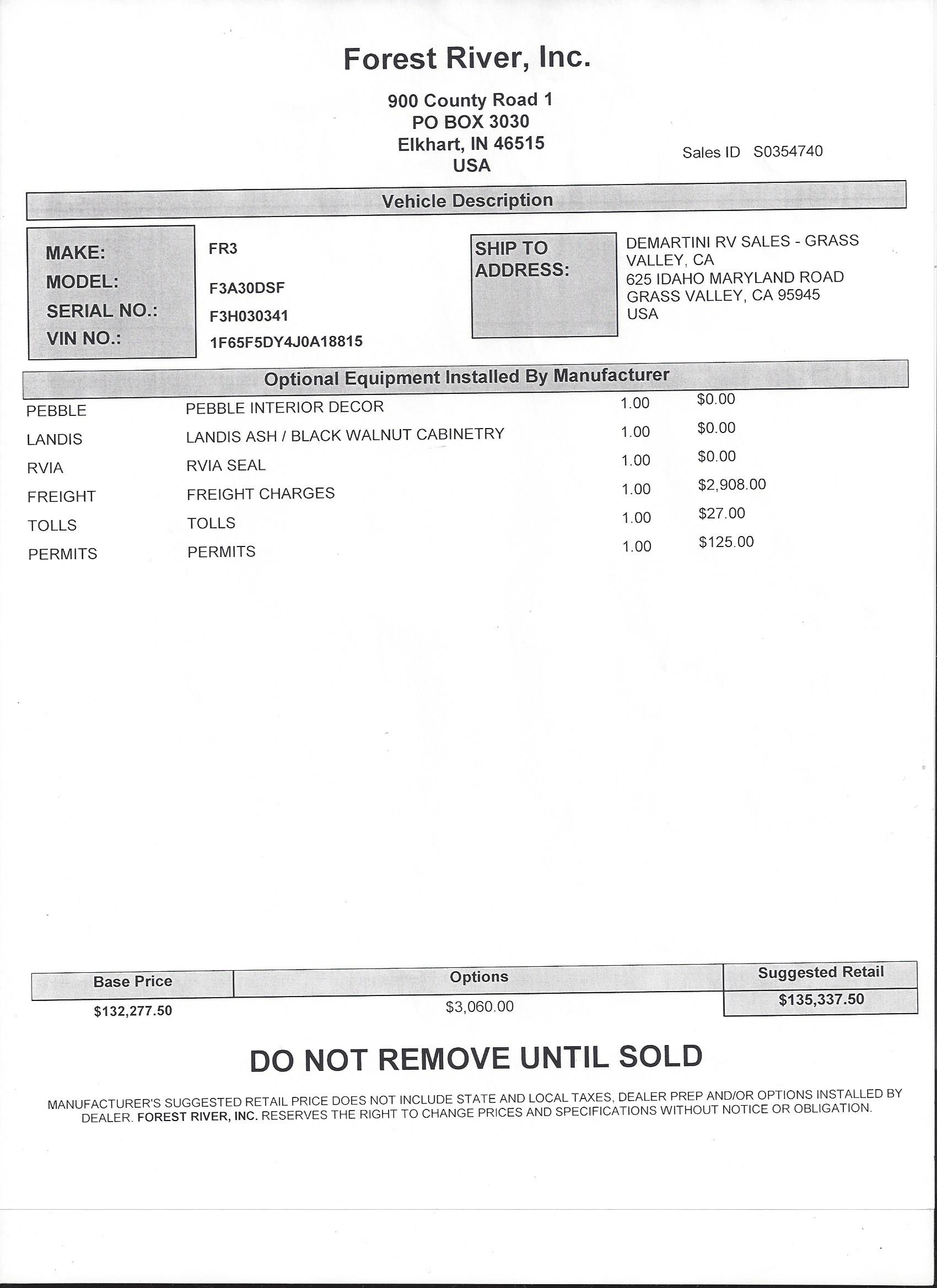 2019 Forest River FR3 30DS MSRP Sheet