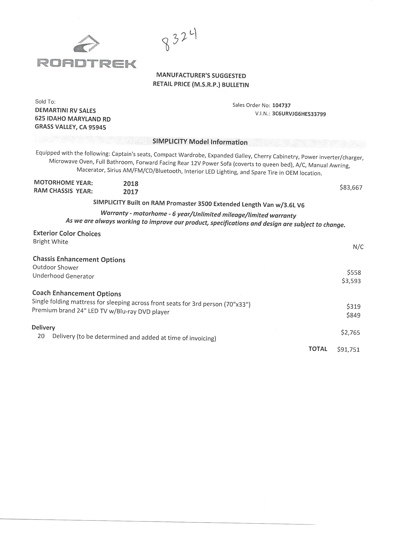 2018 Roadtrek Simplicity MSRP Sheet