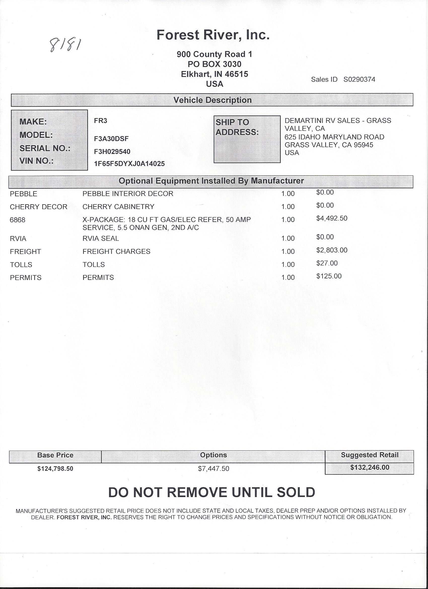 2018 Forest River FR3 30DS MSRP Sheet