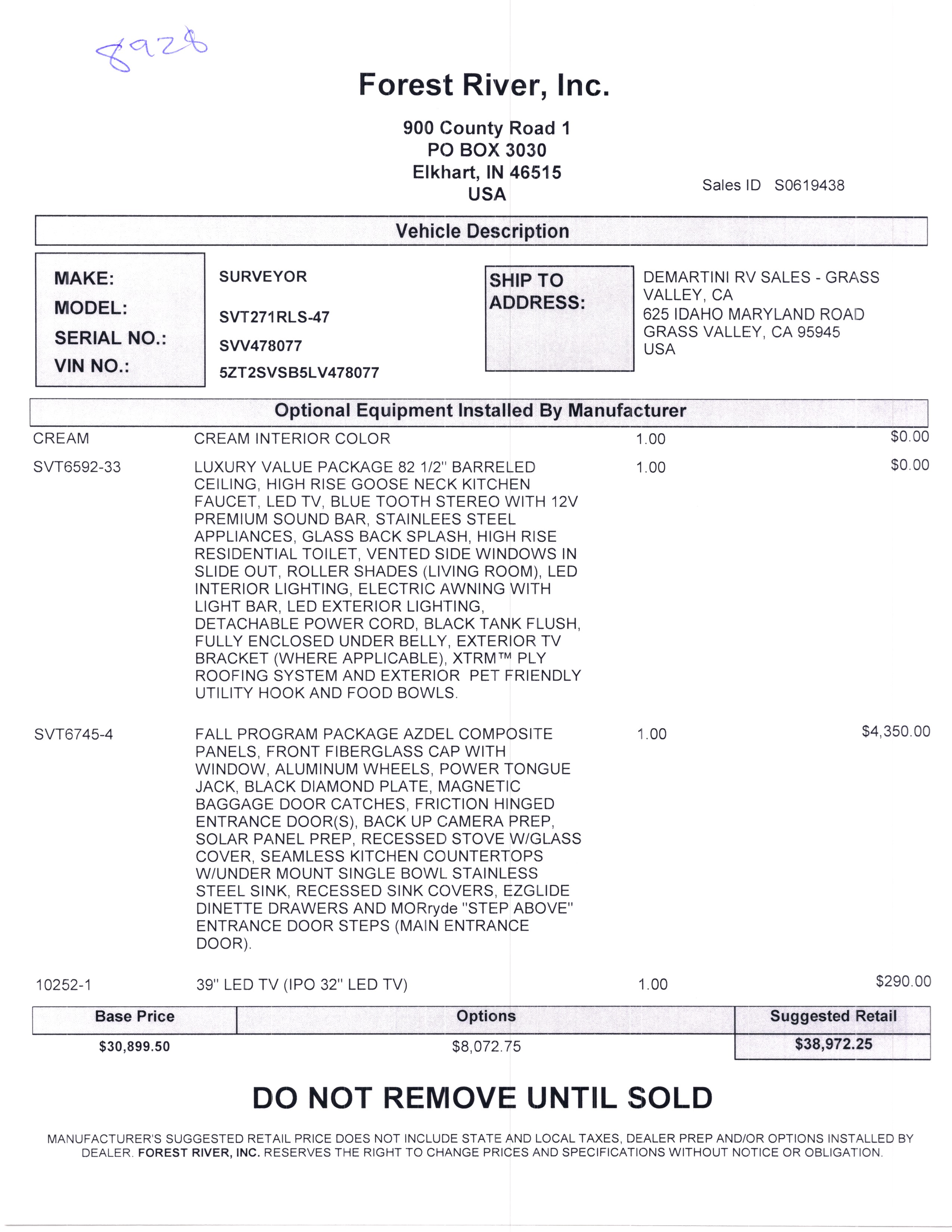 2020 Forest River Surveyor 271RLS MSRP Sheet