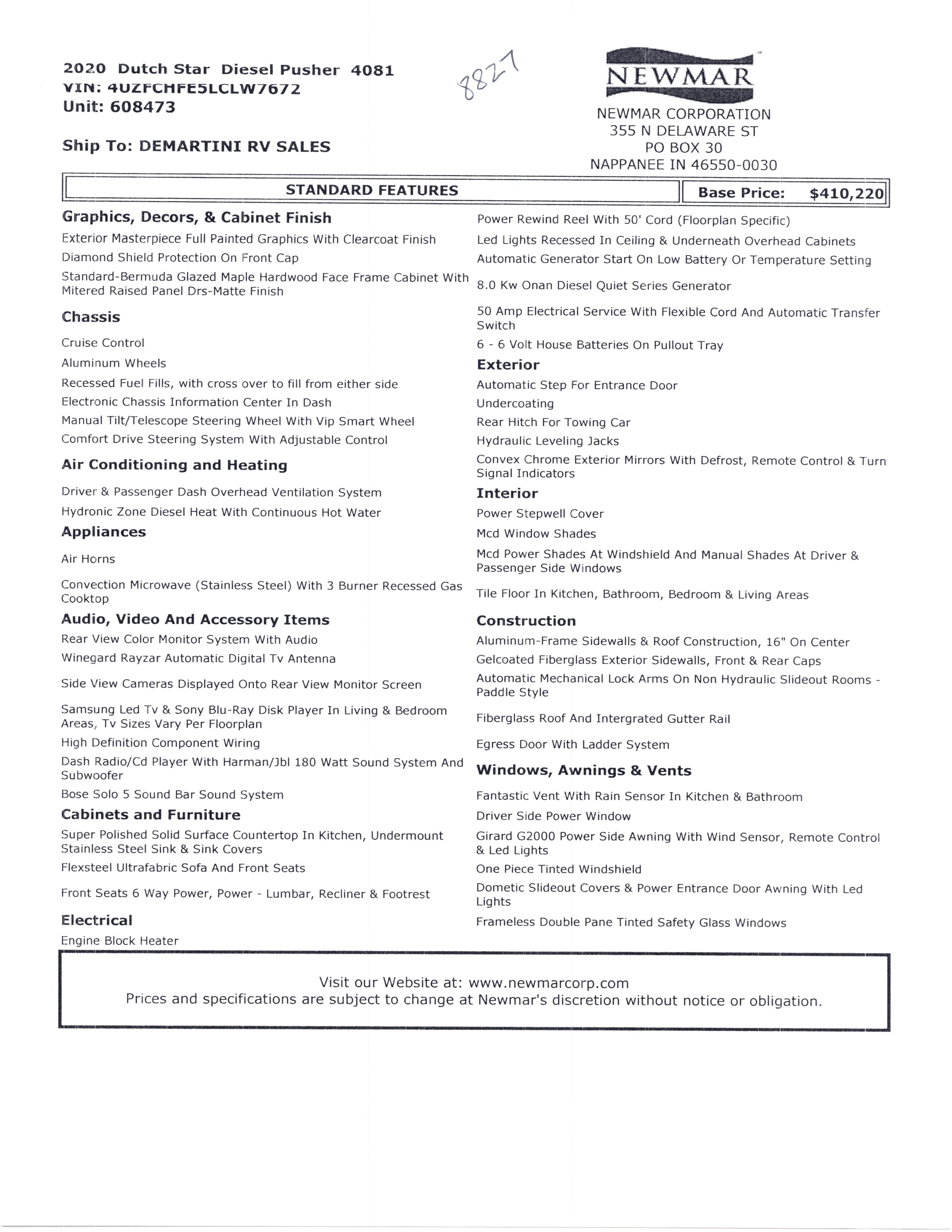 2020 Newmar Dutch Star 4081 MSRP Sheet