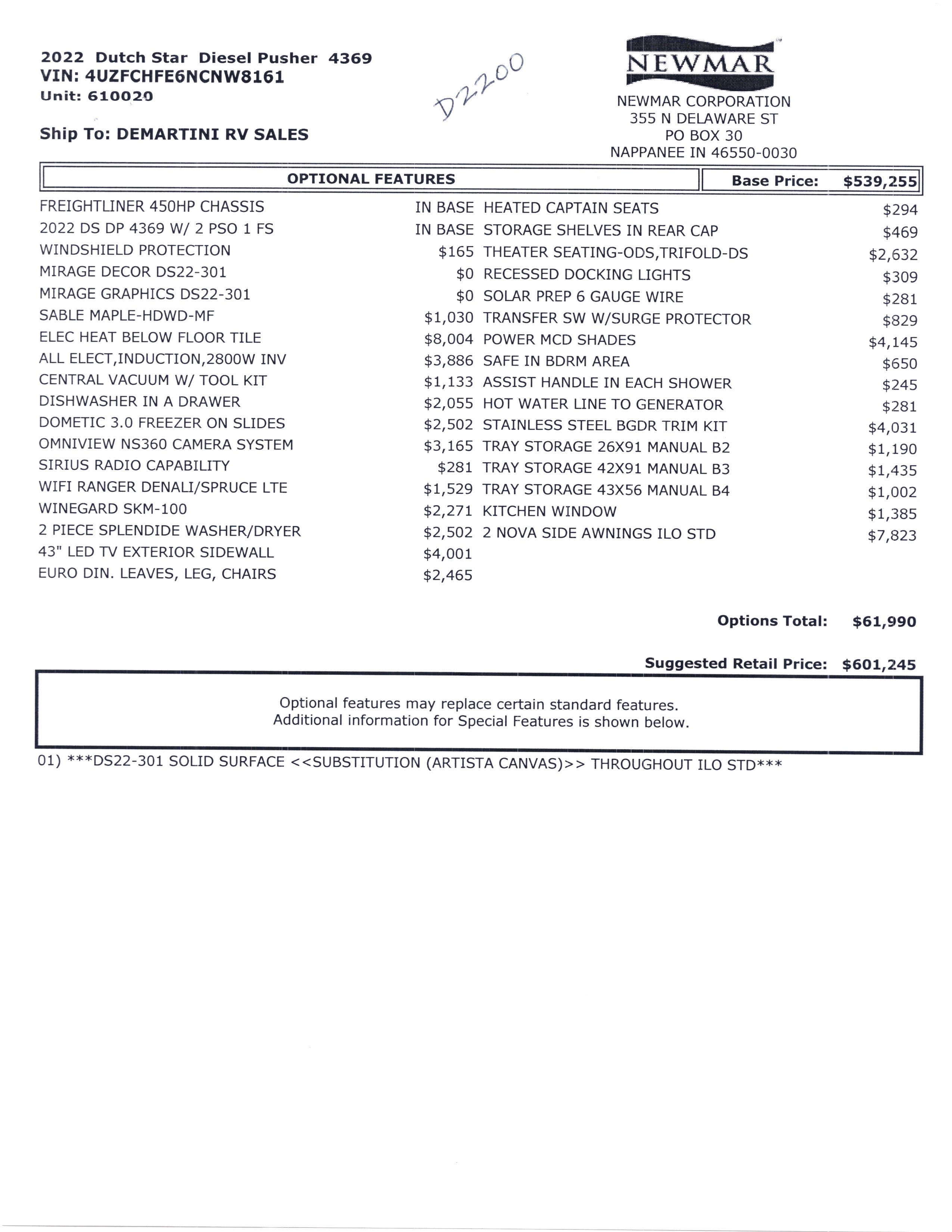 2022 Newmar Dutch Star 4369 MSRP Sheet