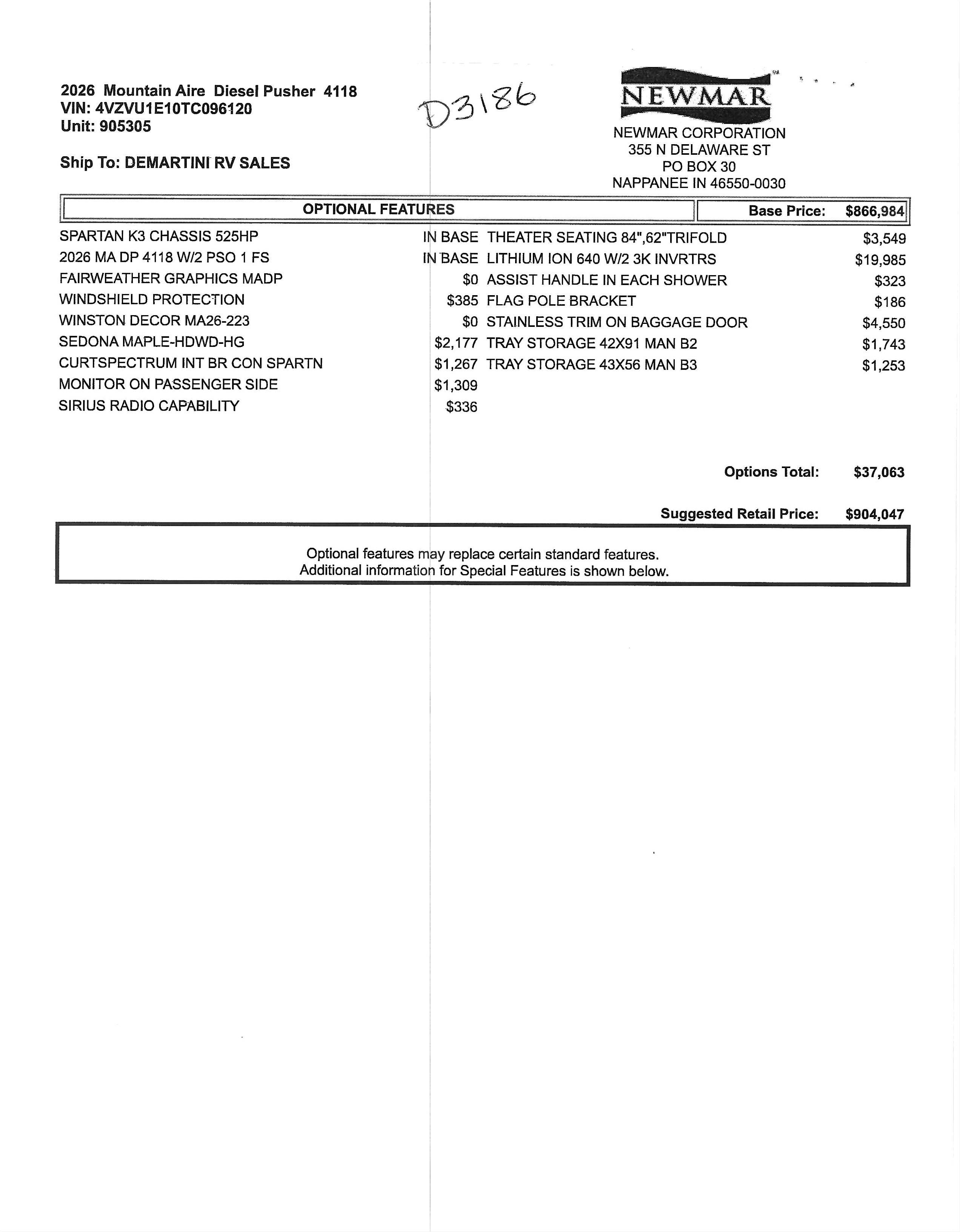 2026 Newmar Mountain Aire 4118 MSRP Sheet