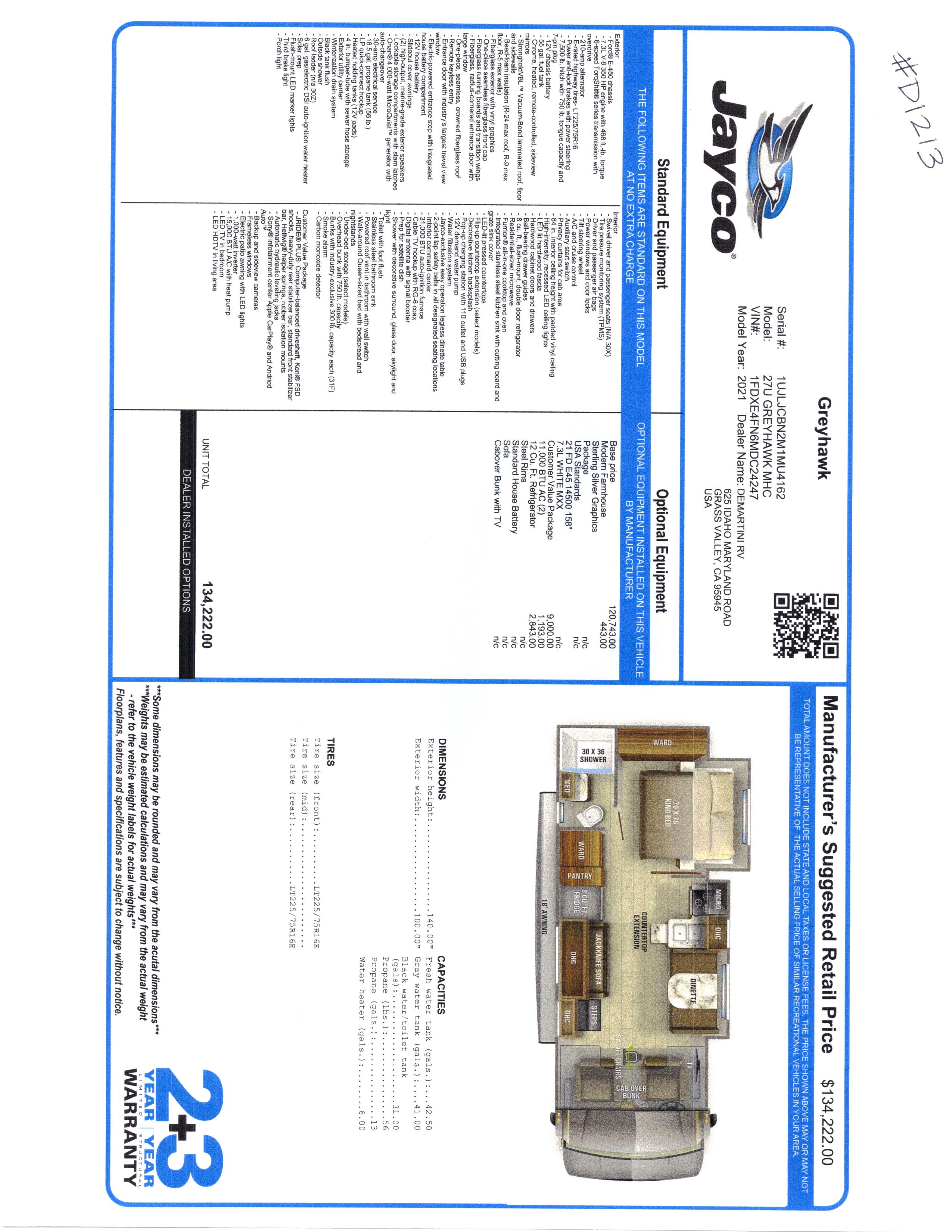 2021 Jayco Greyhawk 27U MSRP Sheet