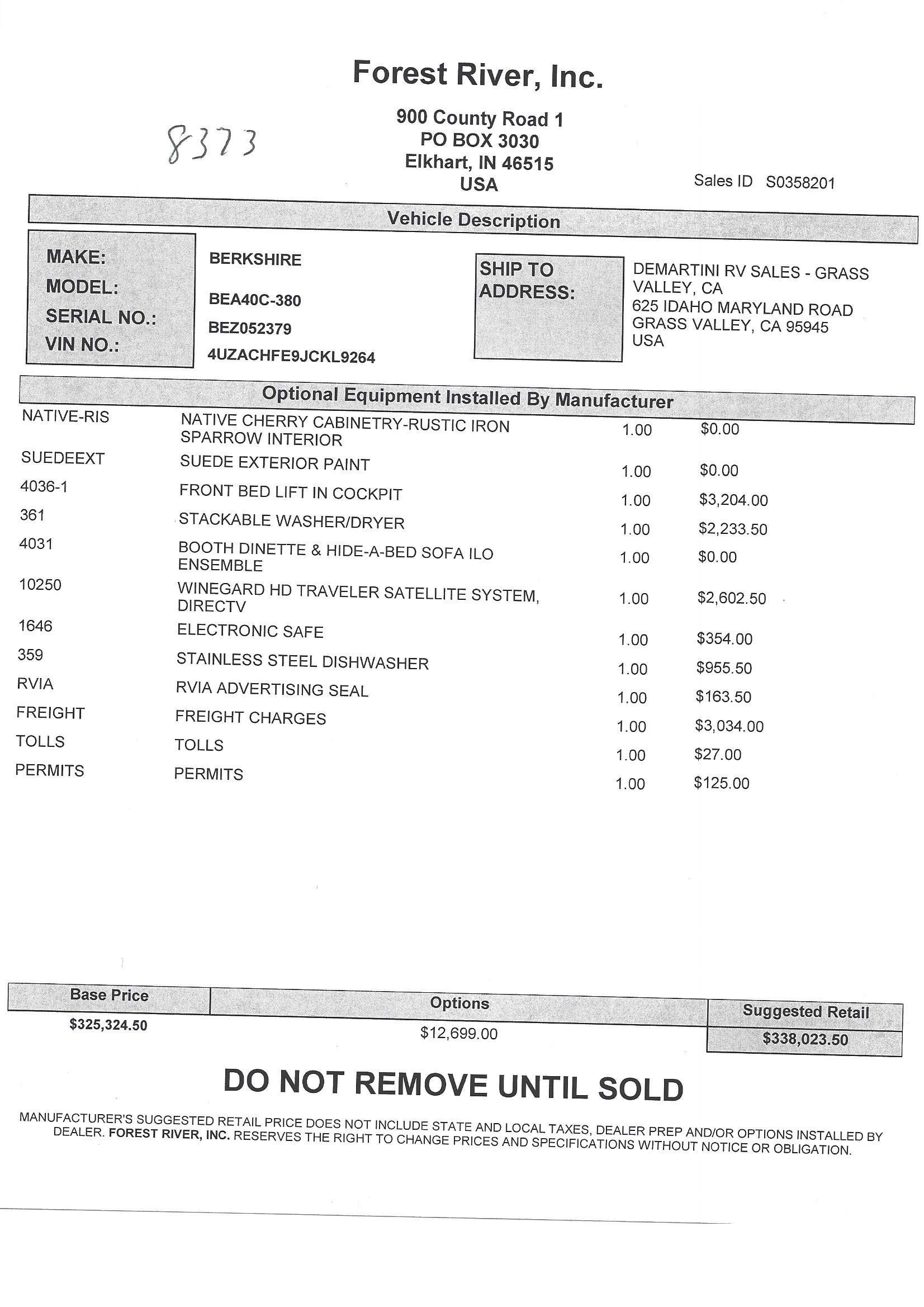 2019 Forest River Berkshire XL 40C MSRP Sheet