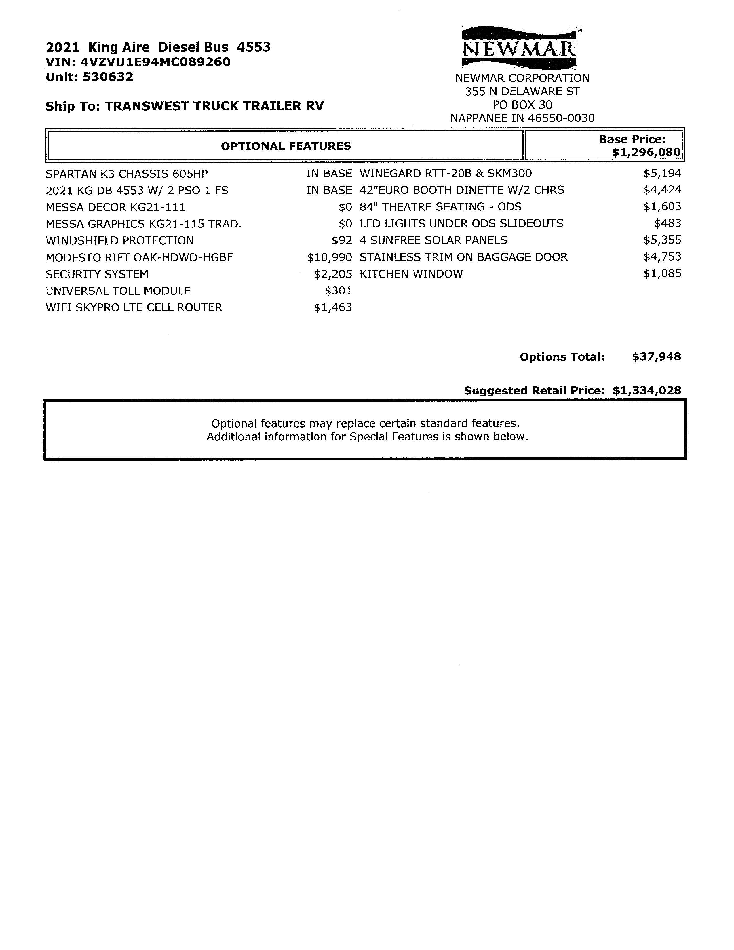 2021 Newmar King Aire 4553 MSRP Sheet