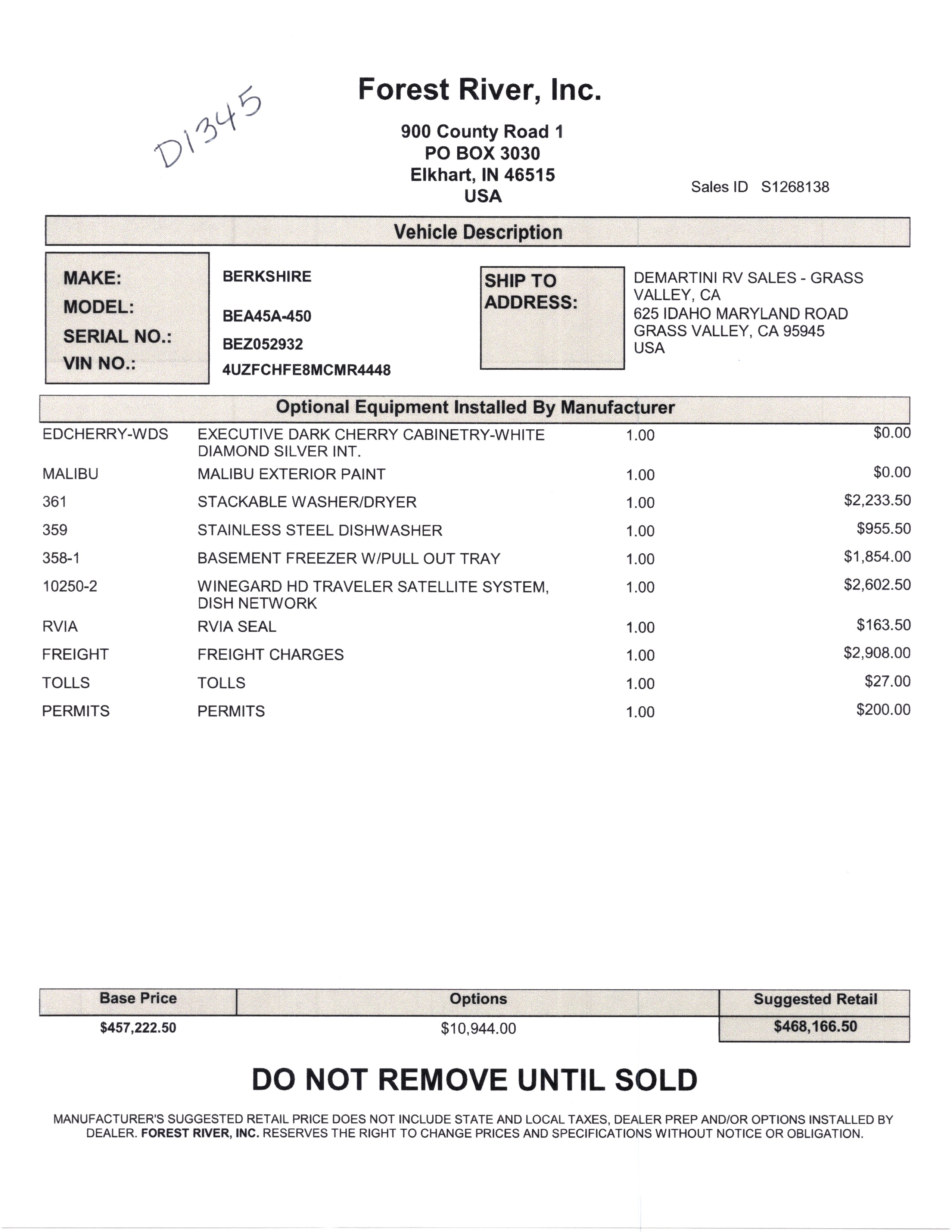 2021 Forest River Berkshire XLT 45A MSRP Sheet