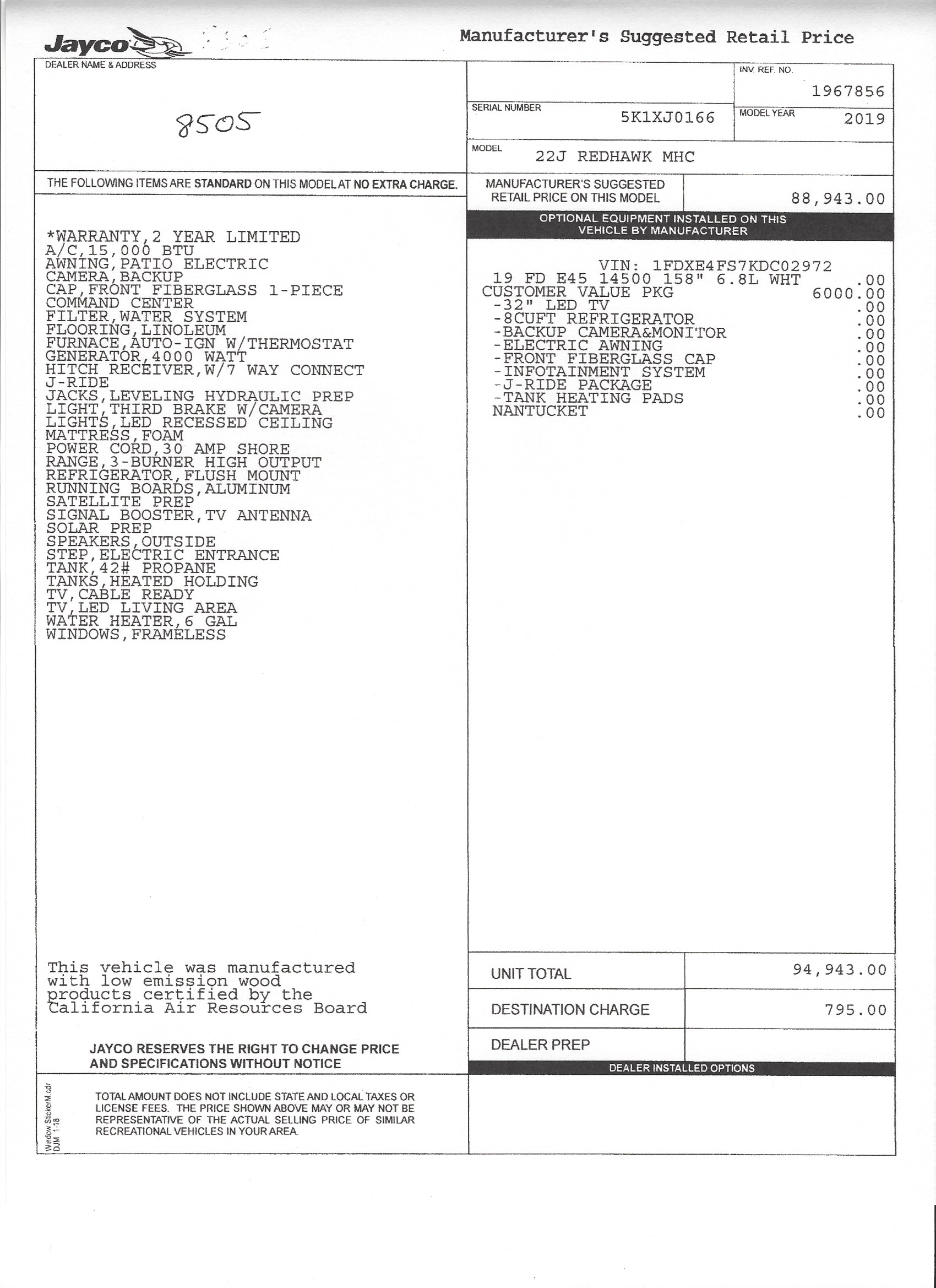 2019 Jayco Redhawk 22J MSRP Sheet