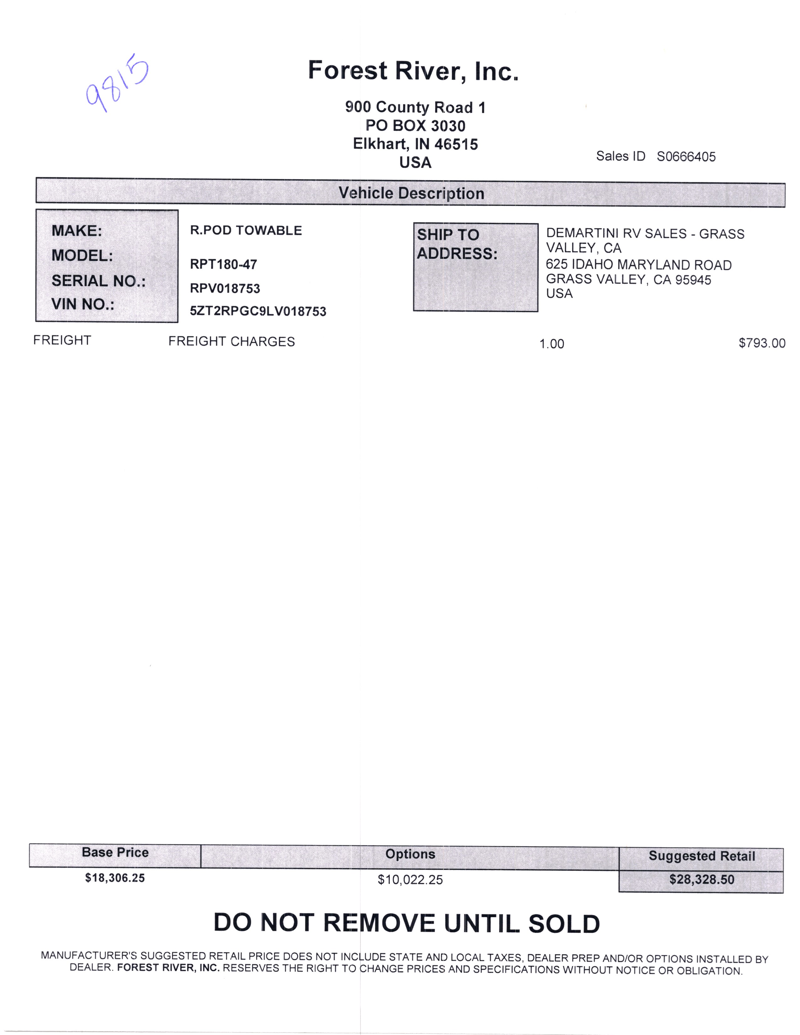 2020 Forest River R-Pod 180 MSRP Sheet