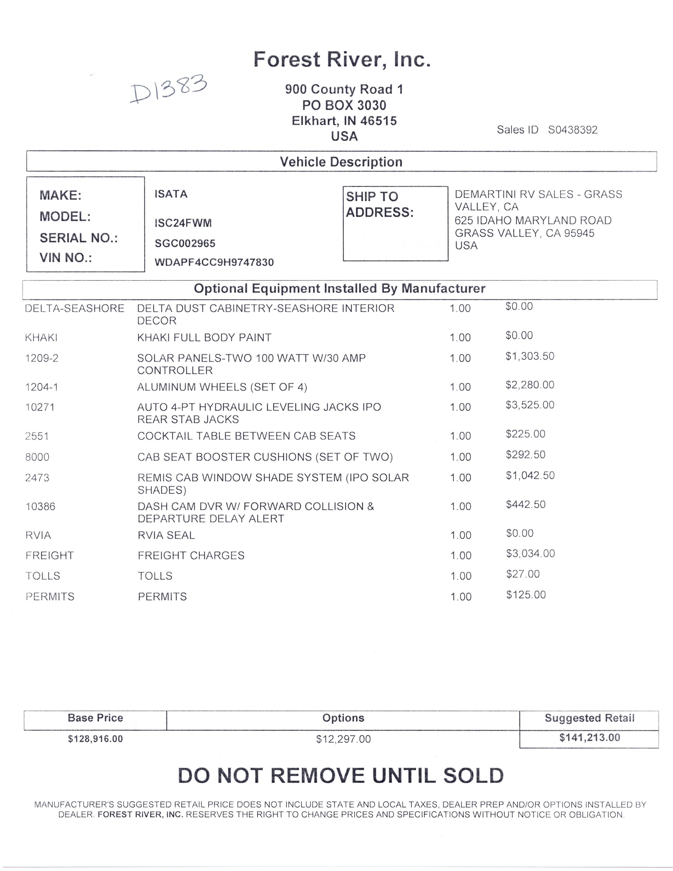 2019 Dynamax Isata 3 24FW MSRP Sheet