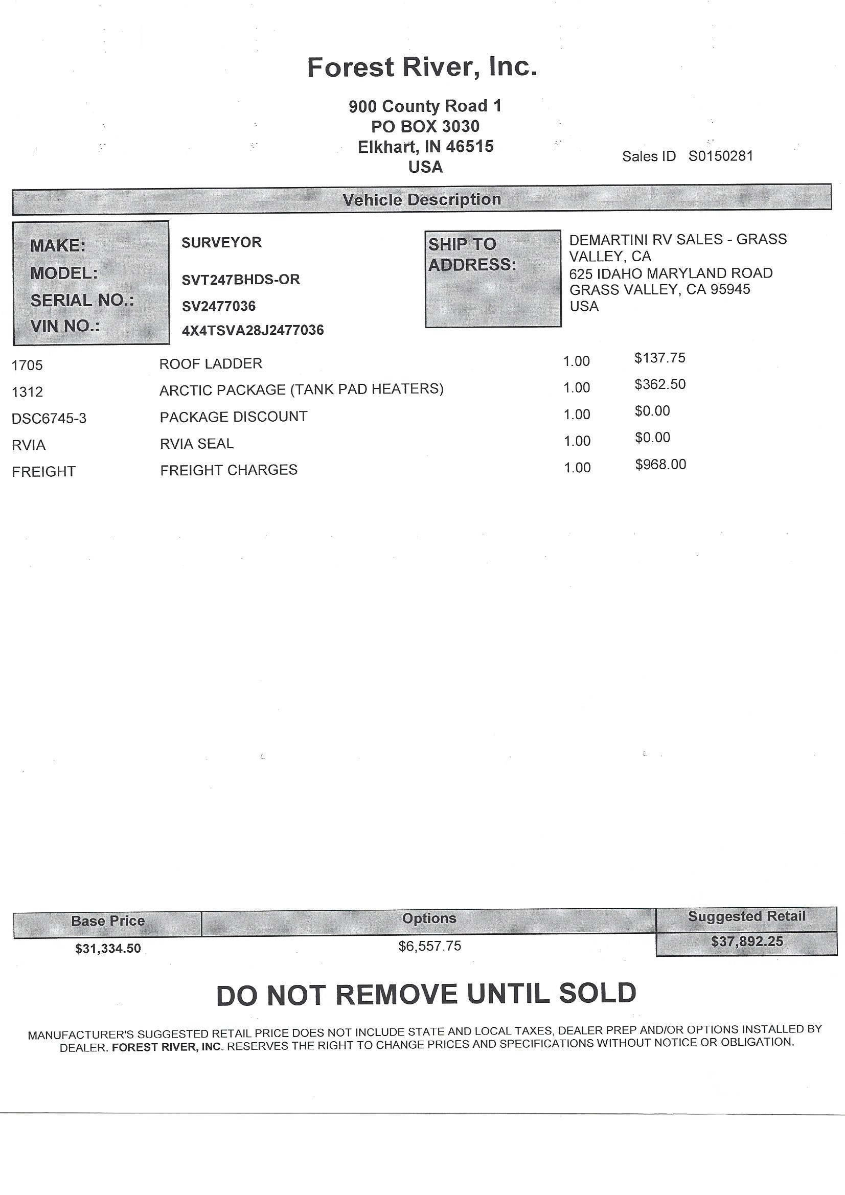 2018 Forest River Surveyor 247BHDS MSRP Sheet