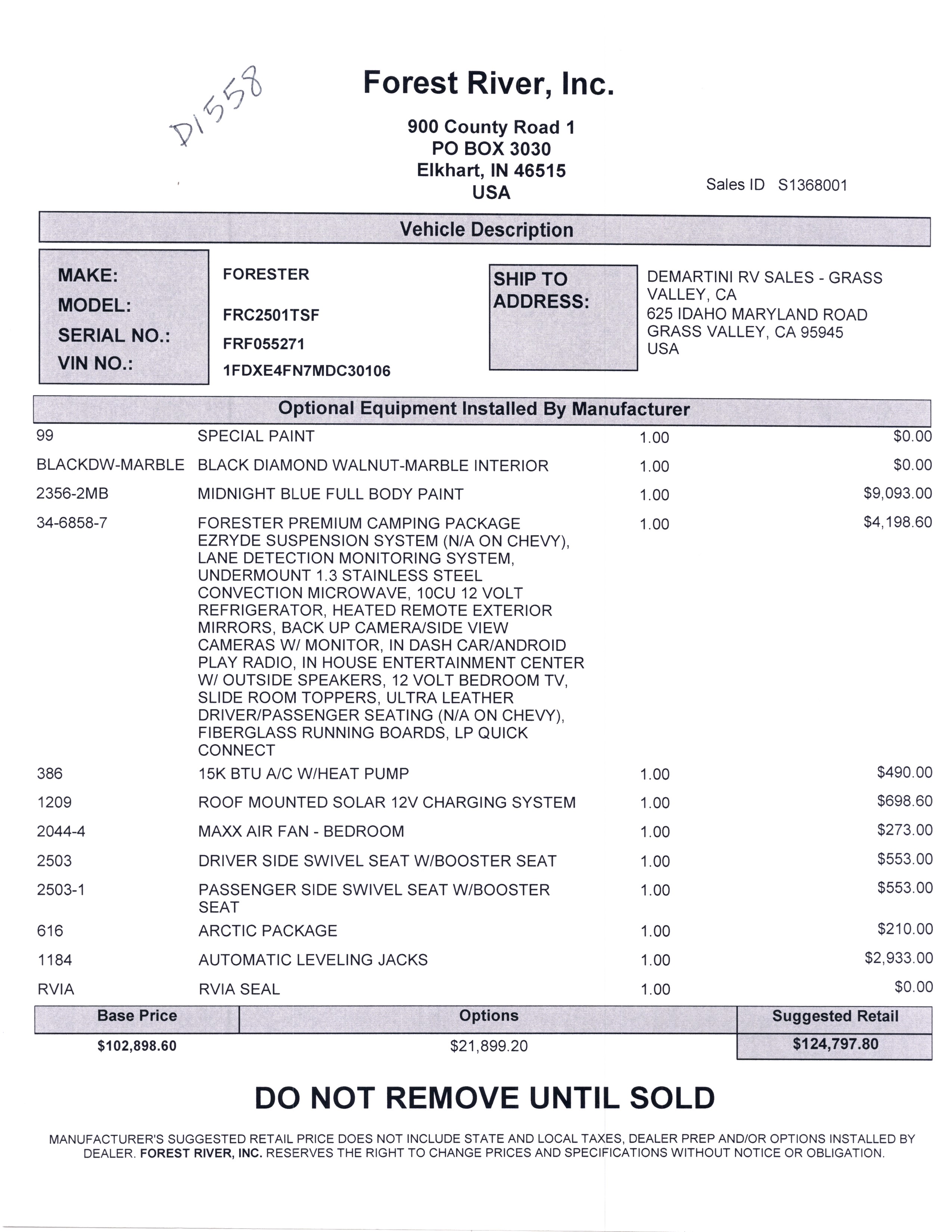 2021 Forest River Forester Classic 2501TS MSRP Sheet