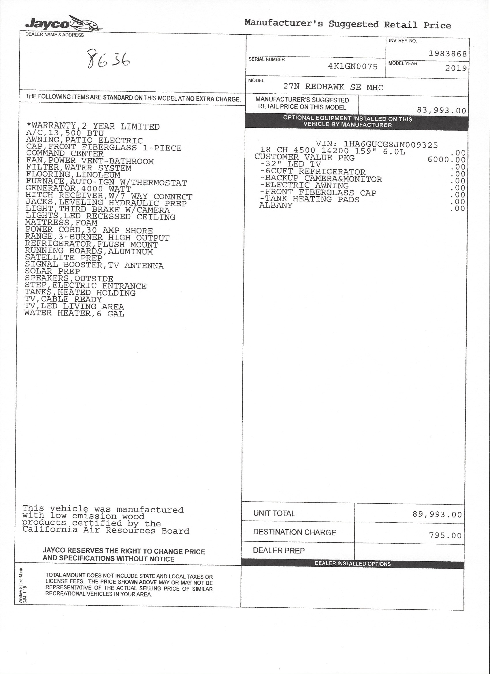 2019 Jayco Redhawk SE 27N MSRP Sheet