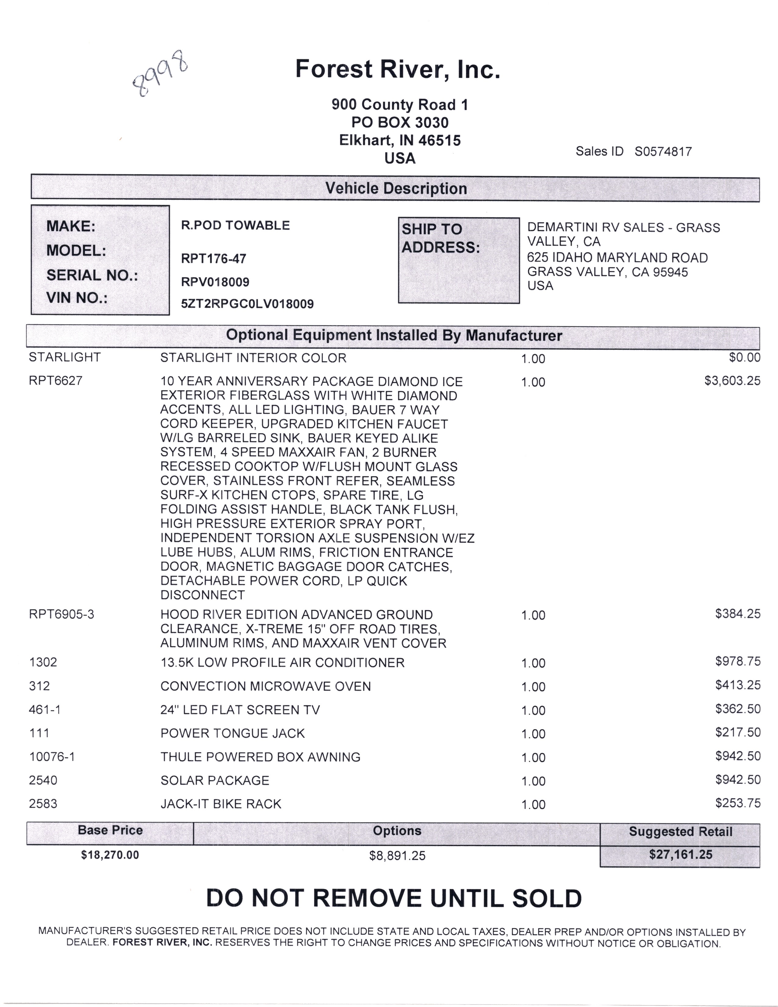 2020 Forest River R-Pod 176 MSRP Sheet