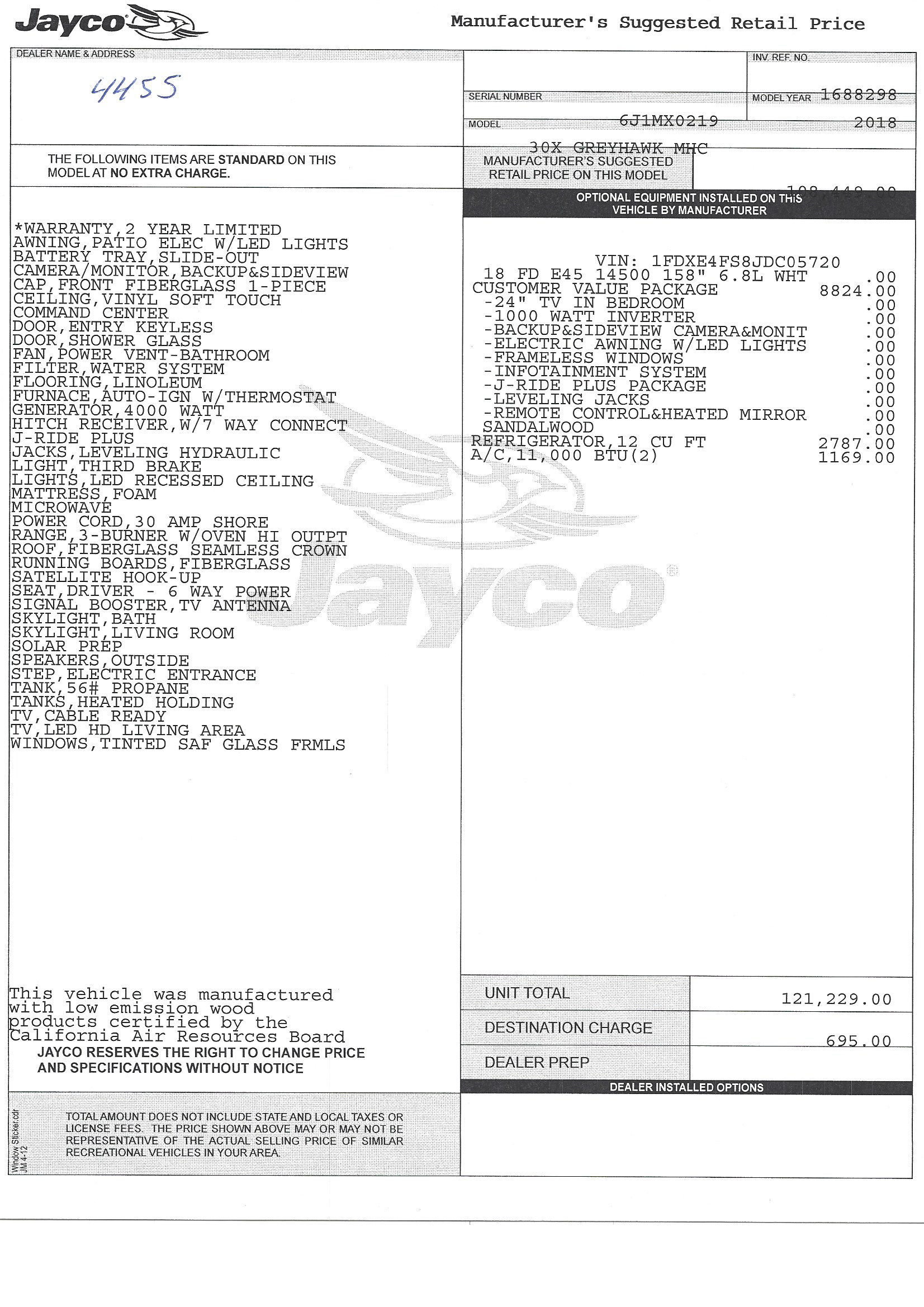 2018 Jayco Greyhawk 30X MSRP Sheet