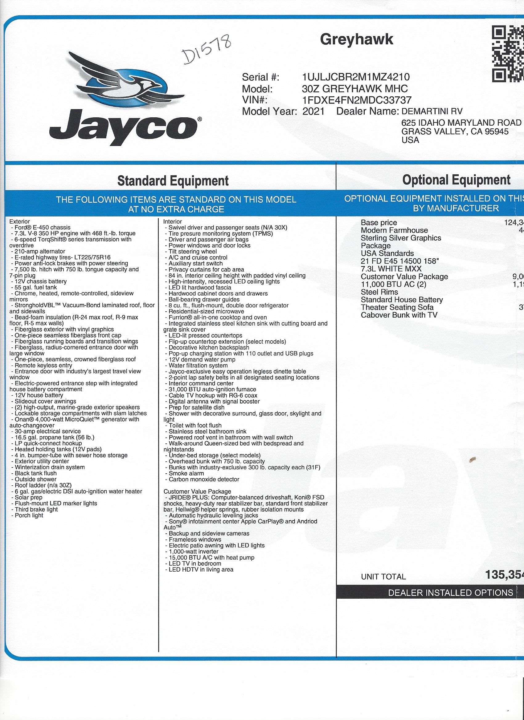 2021 Jayco Greyhawk 30Z MSRP Sheet