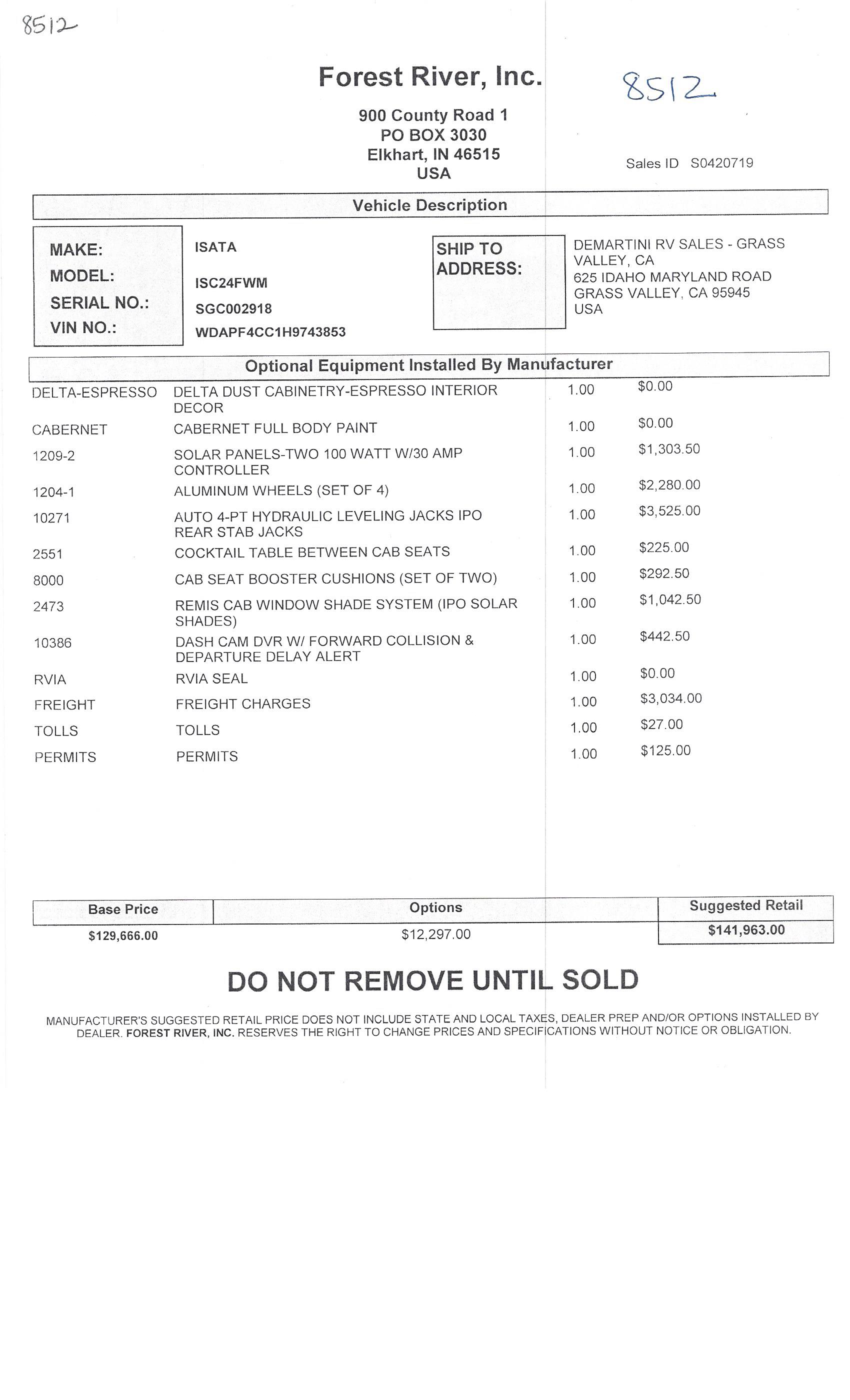 2019 Dynamax Isata 3 24FW MSRP Sheet