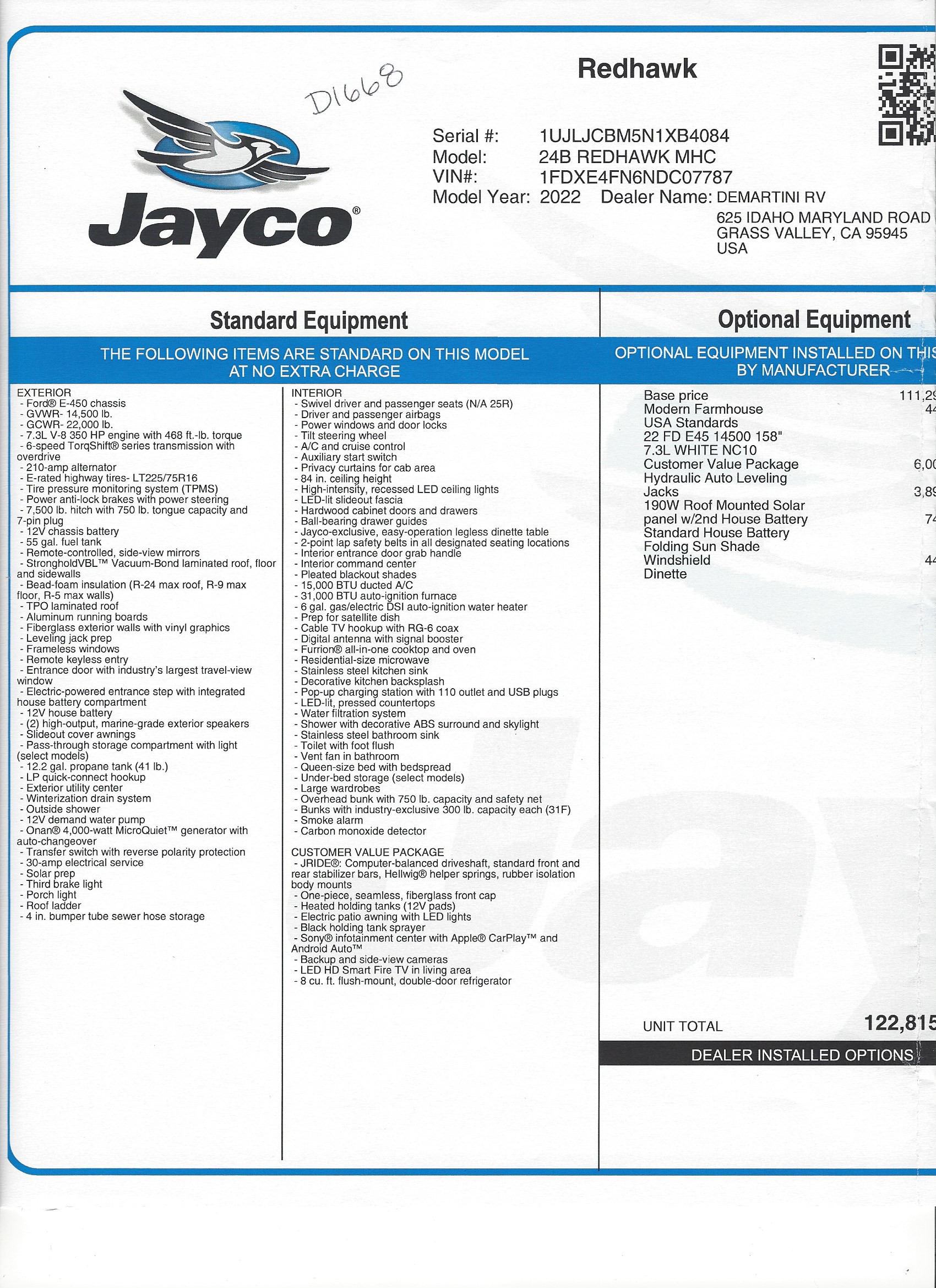 2022 Jayco Redhawk 24B MSRP Sheet