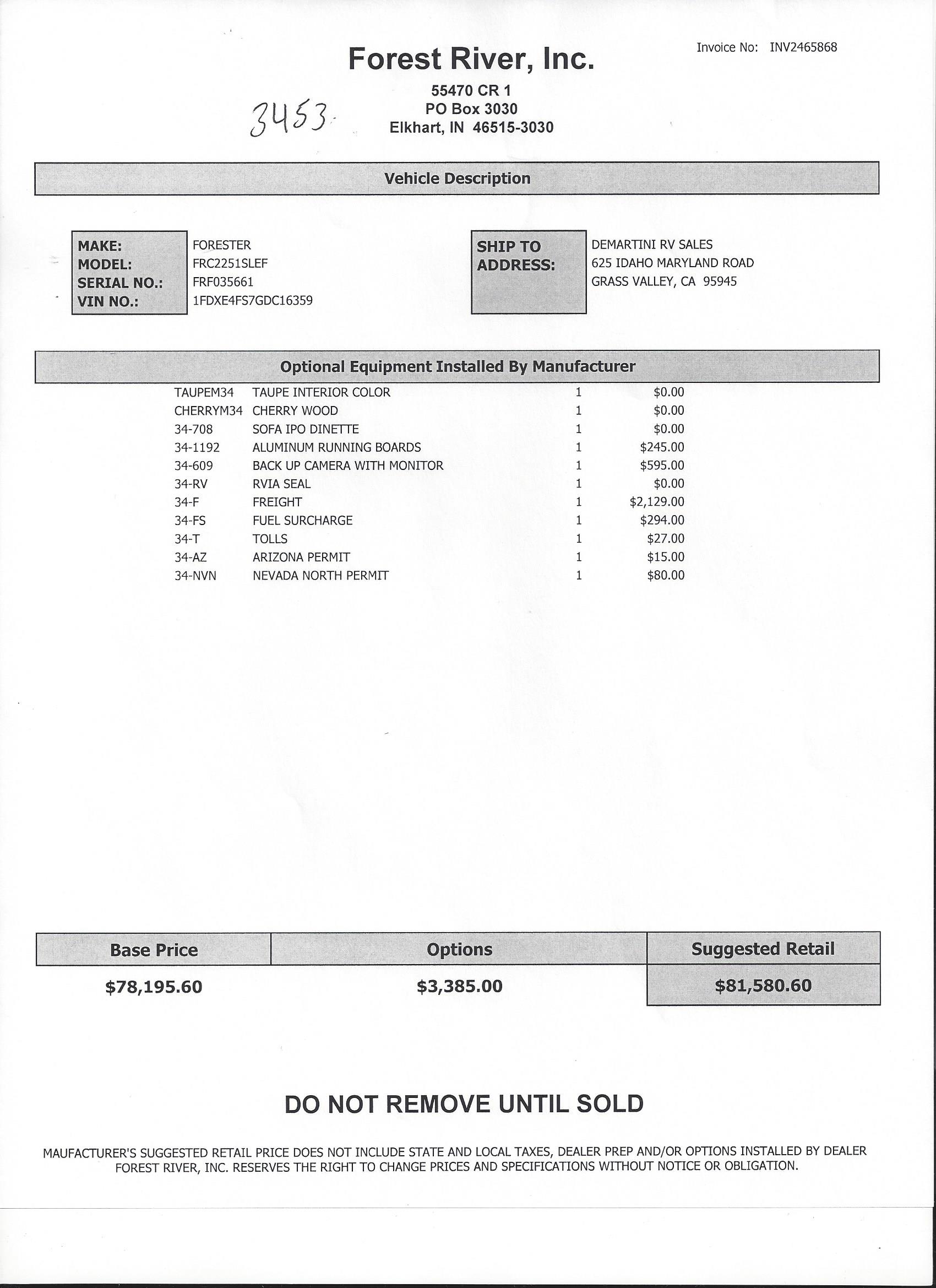 2016 Forest River Forester 2251SLE MSRP Sheet