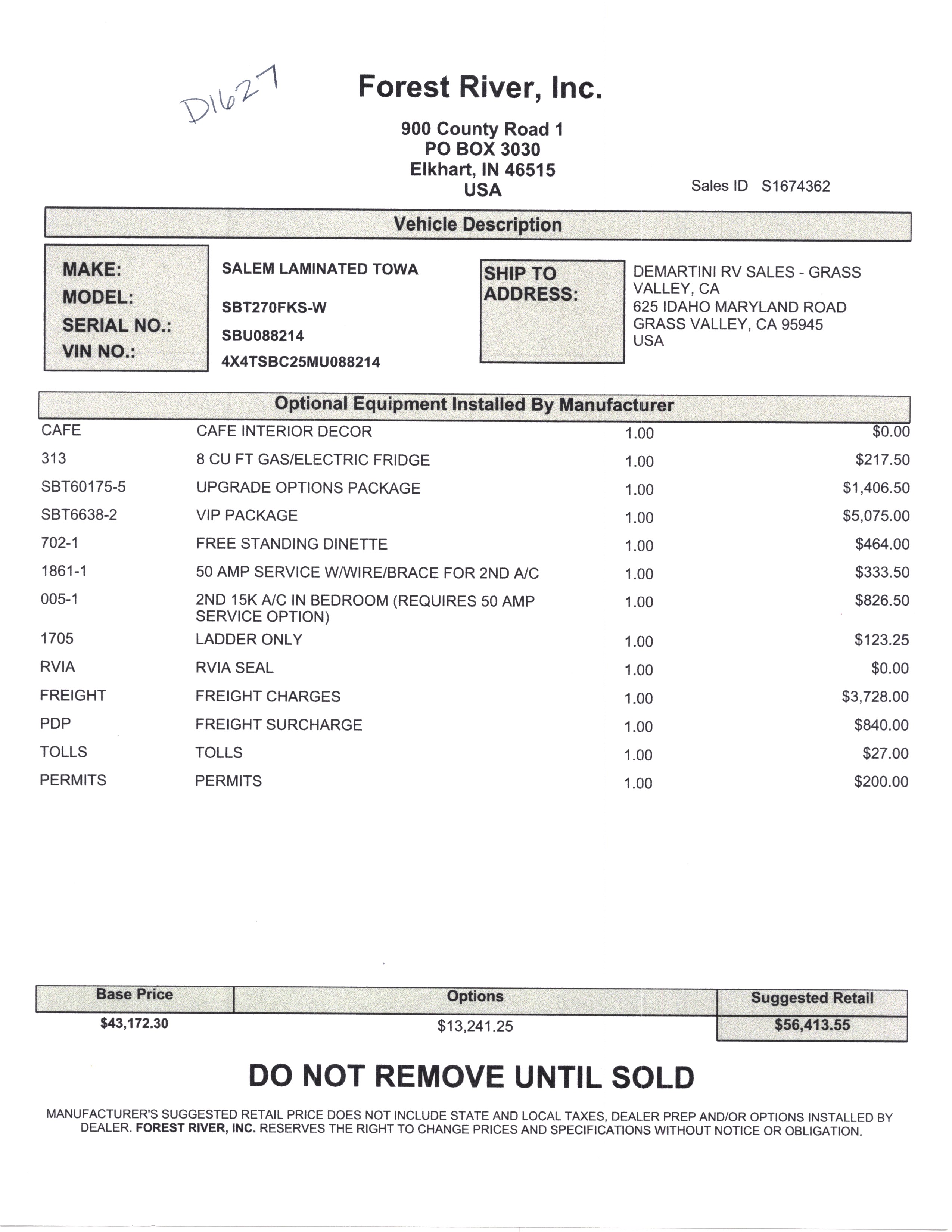 2021 Forest River Salem Hemisphere 270FKS MSRP Sheet