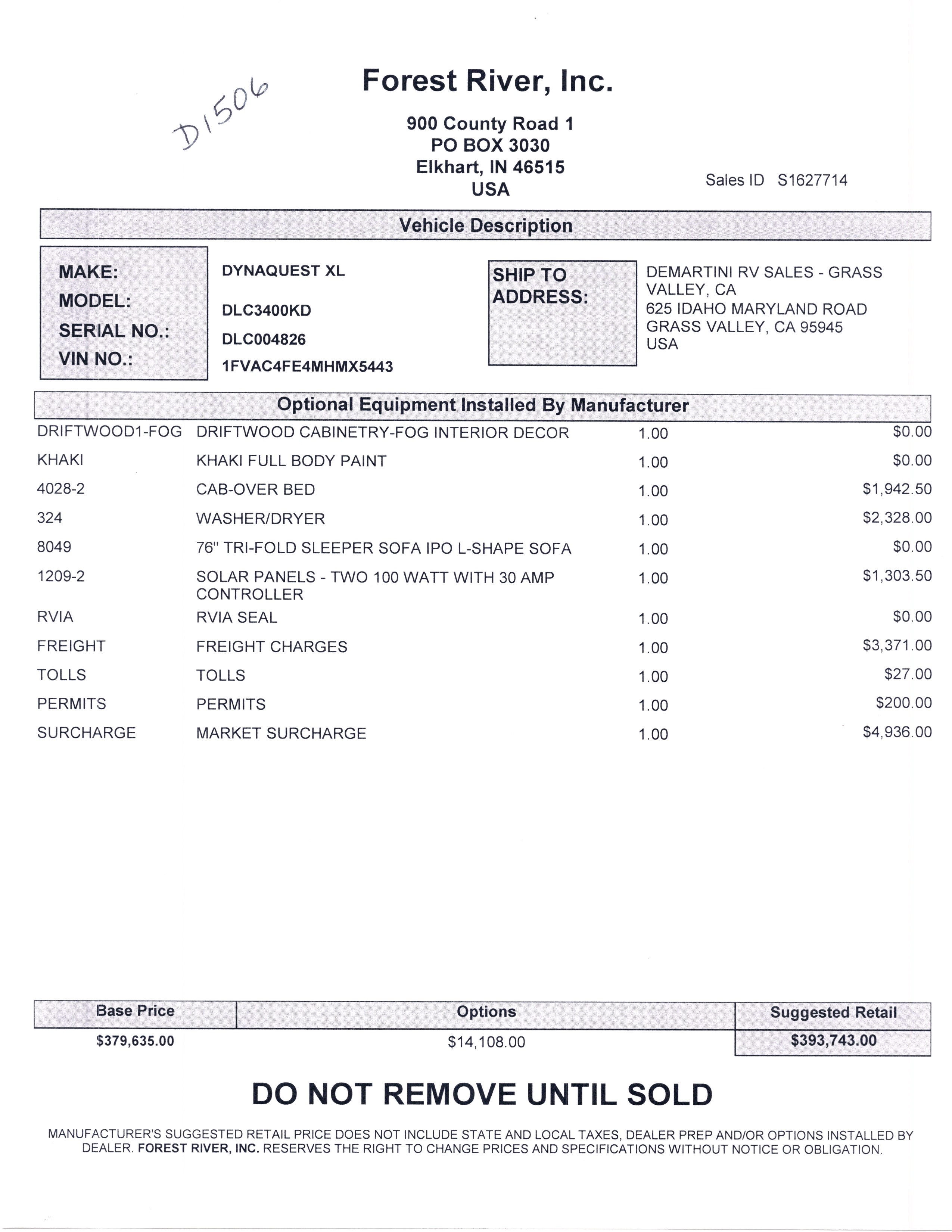 2021 Dynamax Dynaquest 3400KD MSRP Sheet