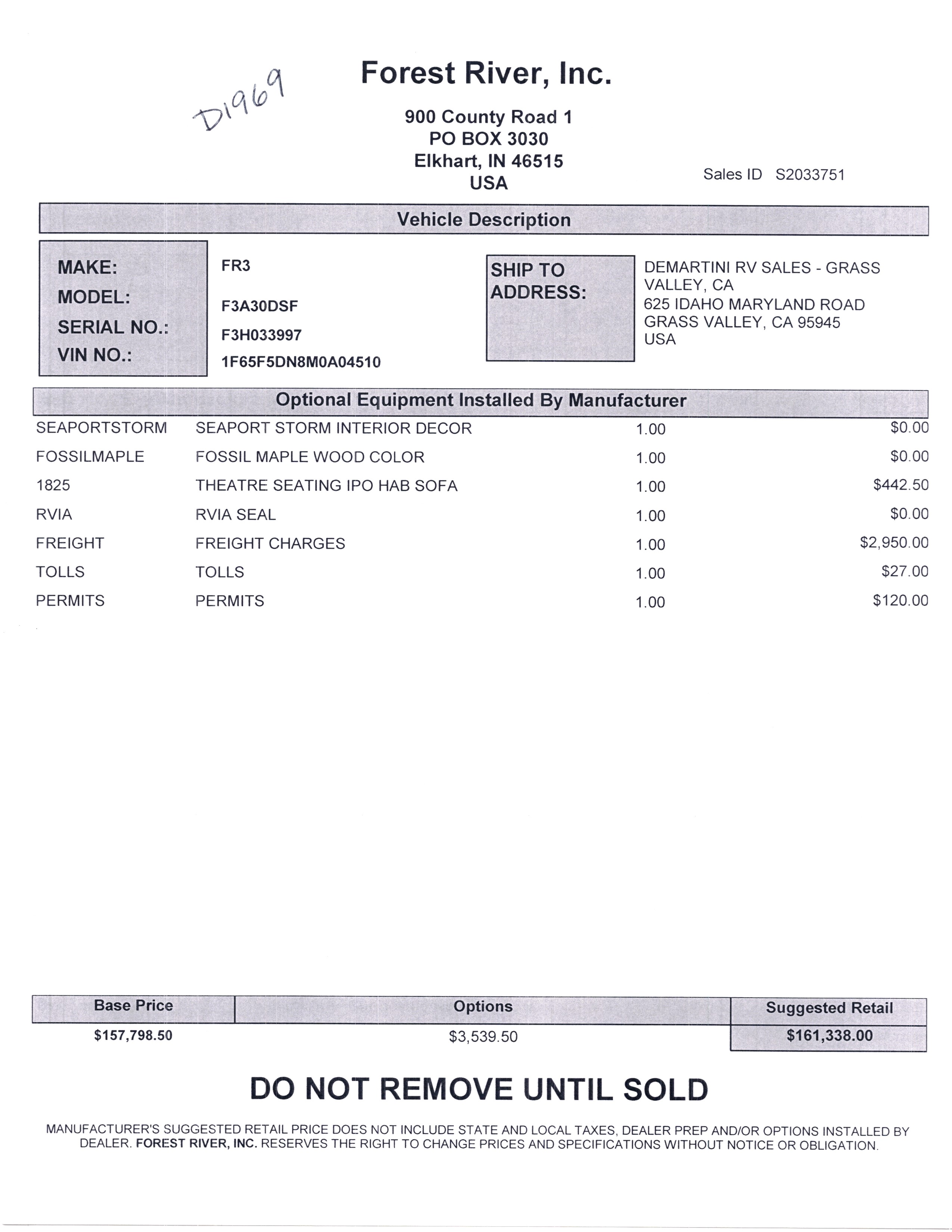 2022 Forest River FR3 30DS MSRP Sheet