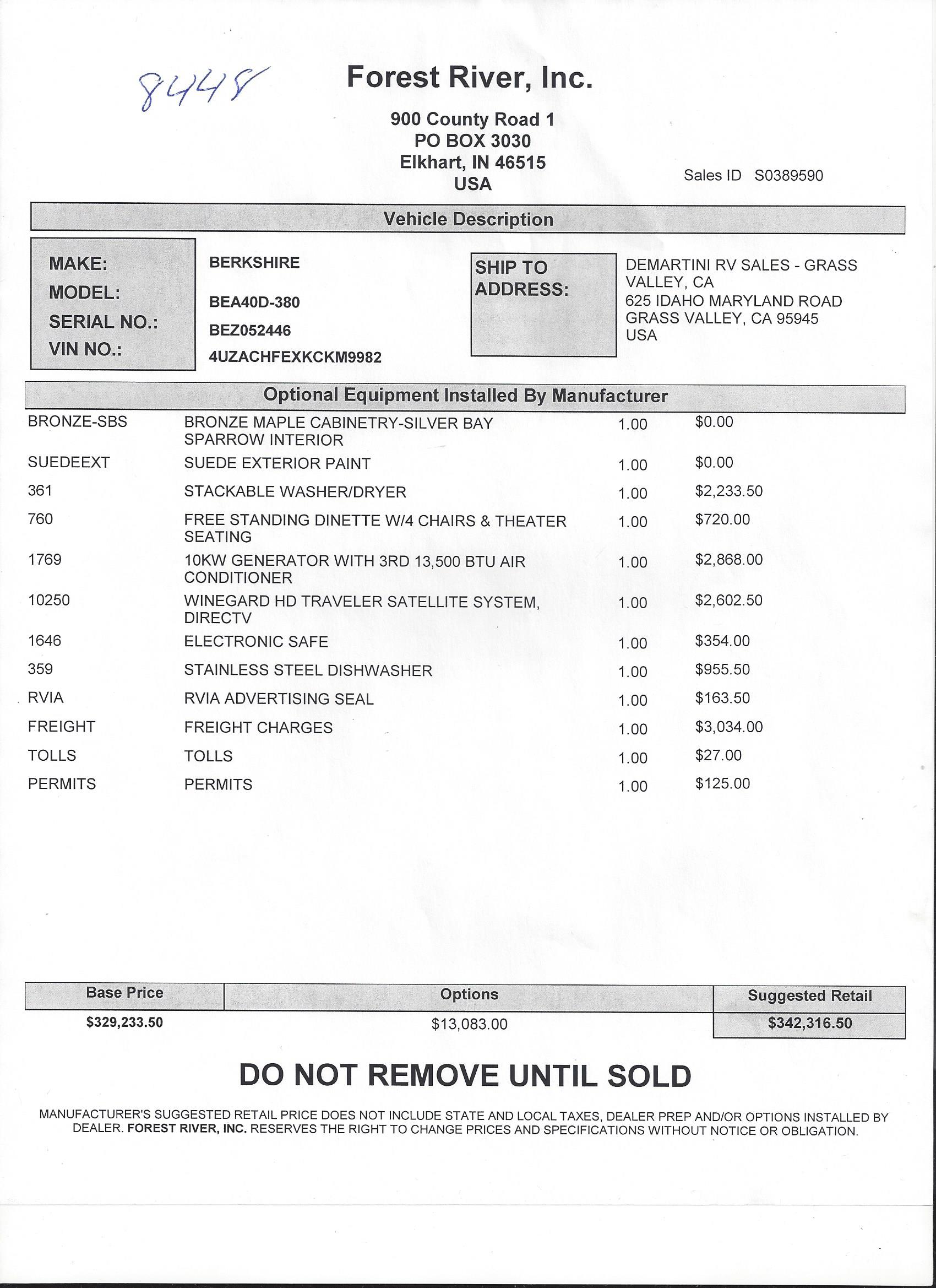 2019 Forest River Berkshire XL 40D MSRP Sheet