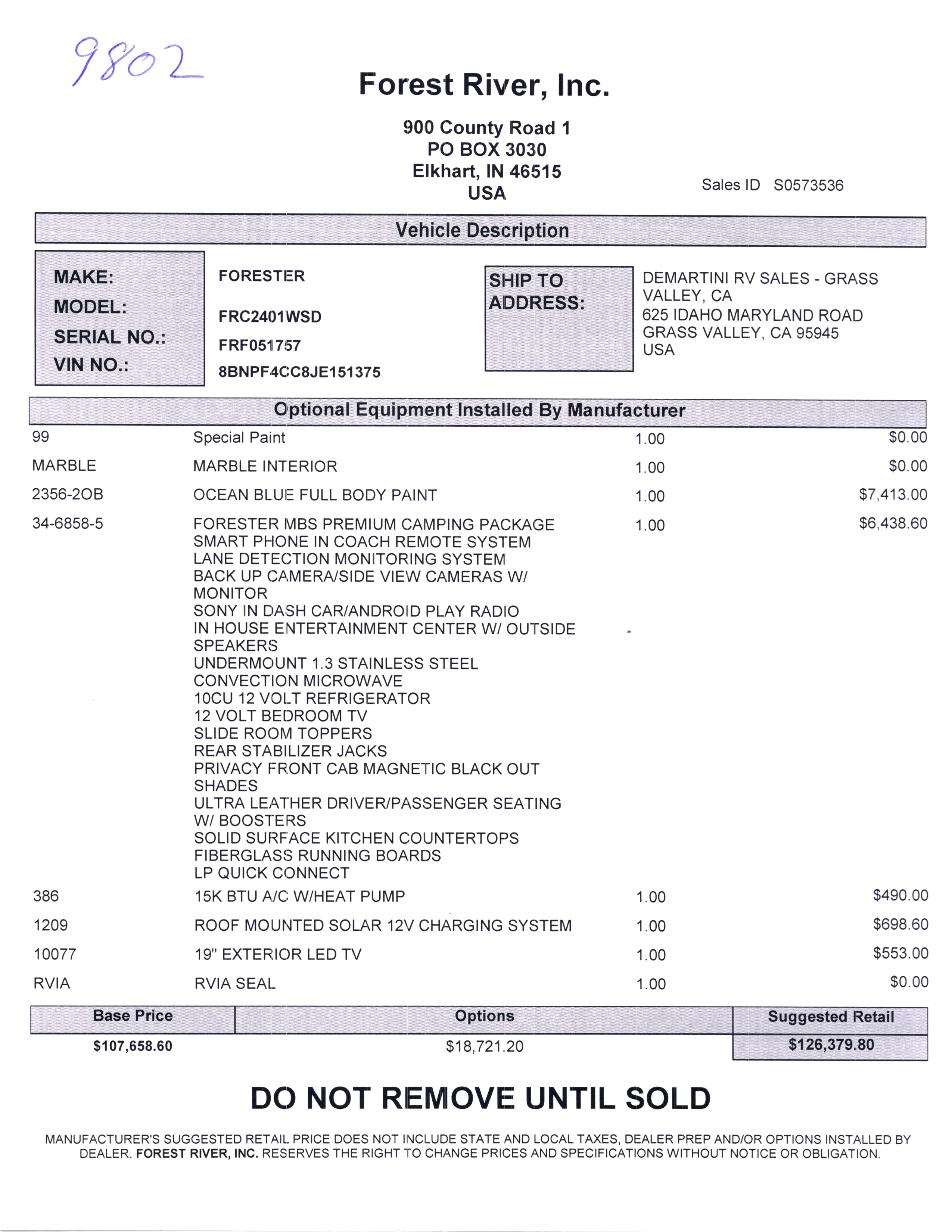 2020 Forest River Forester MBS 2401W MSRP Sheet