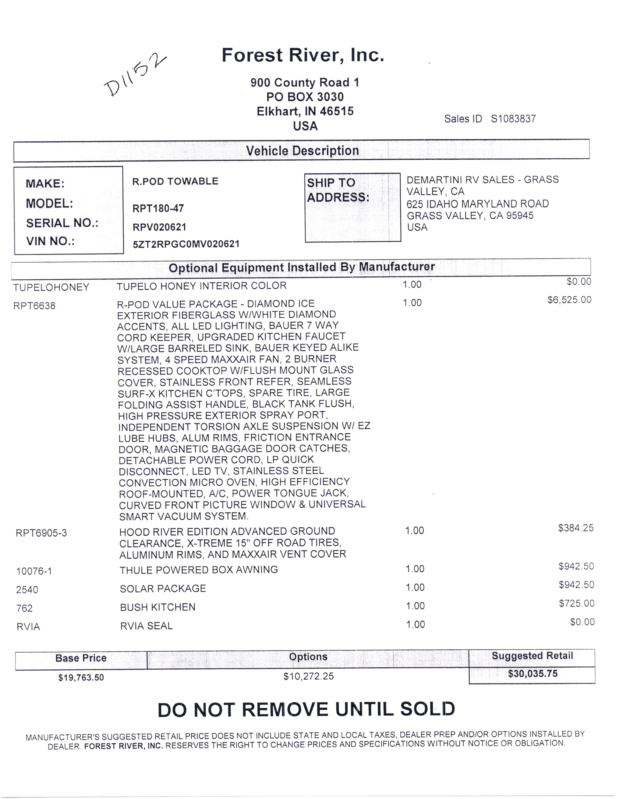 2021 Forest River R-Pod 180 MSRP Sheet