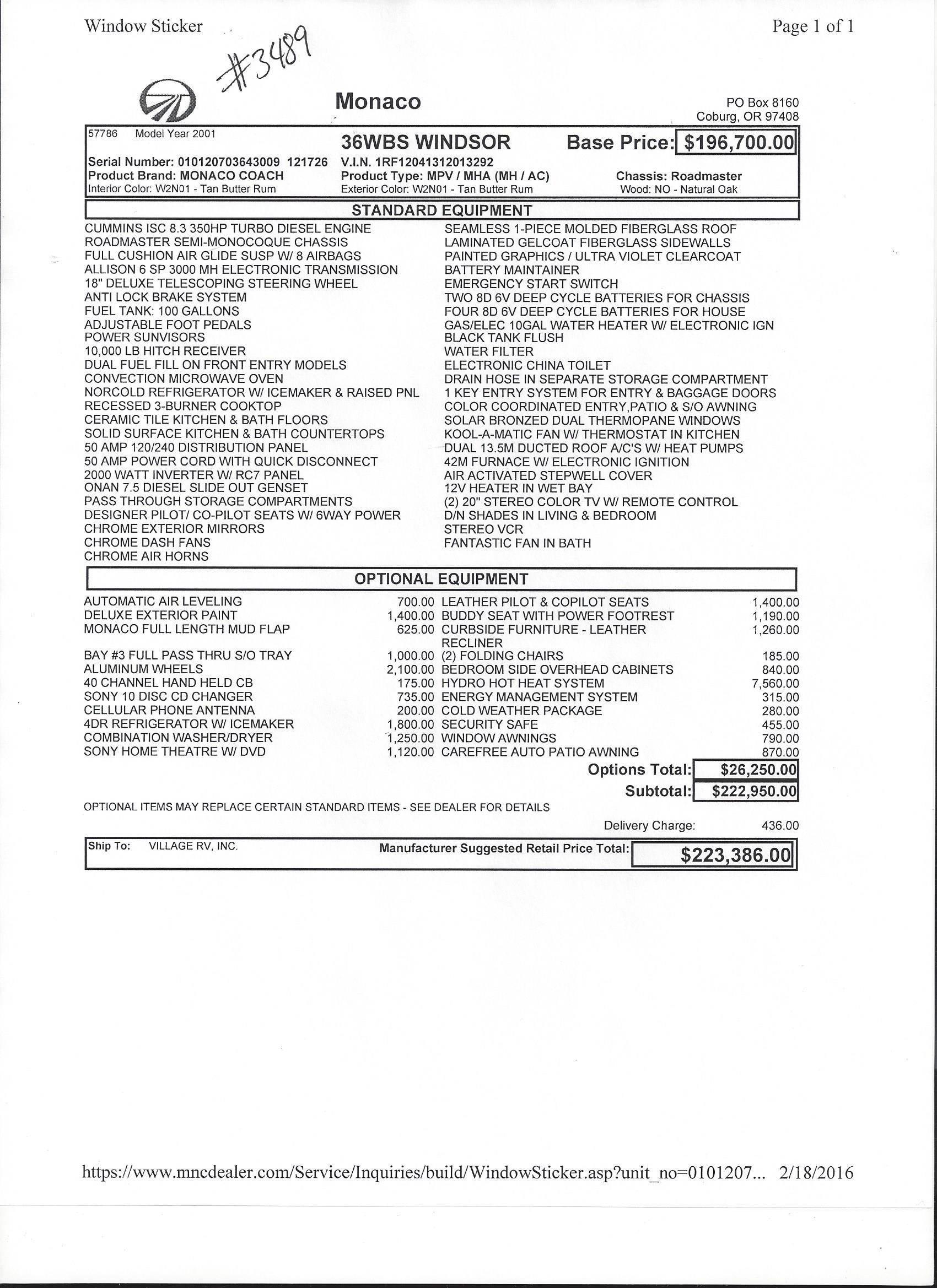 2001 Monaco Windsor 36WBS MSRP Sheet