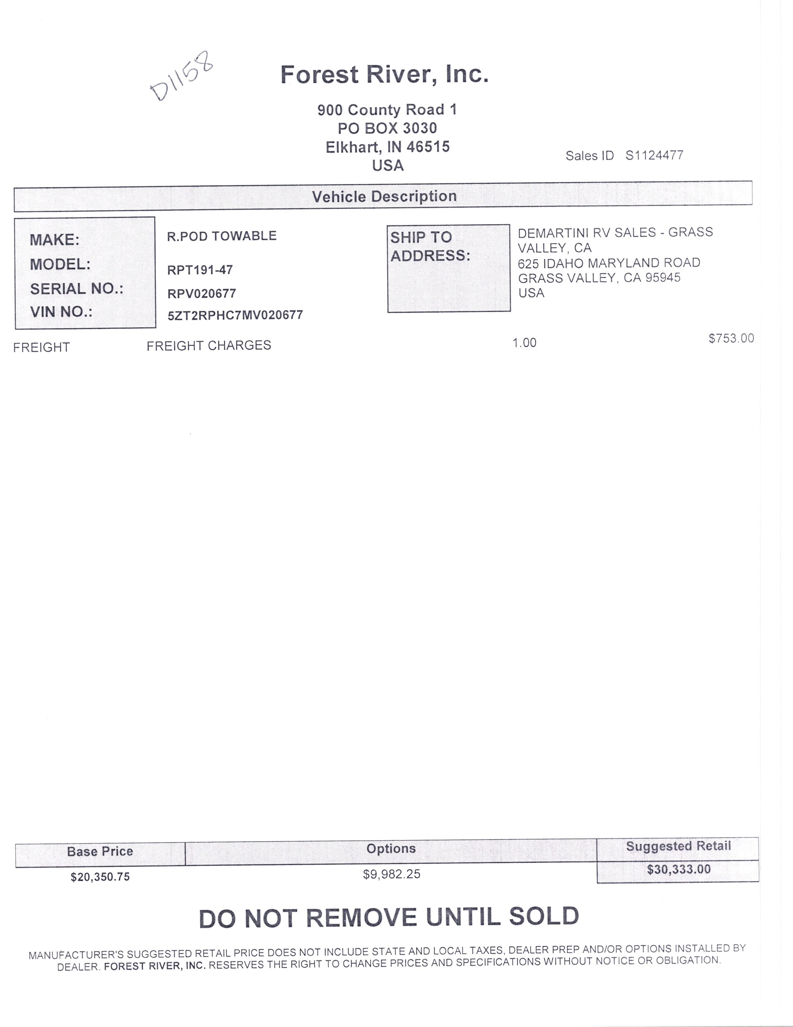 2021 Forest River R-Pod 191 MSRP Sheet