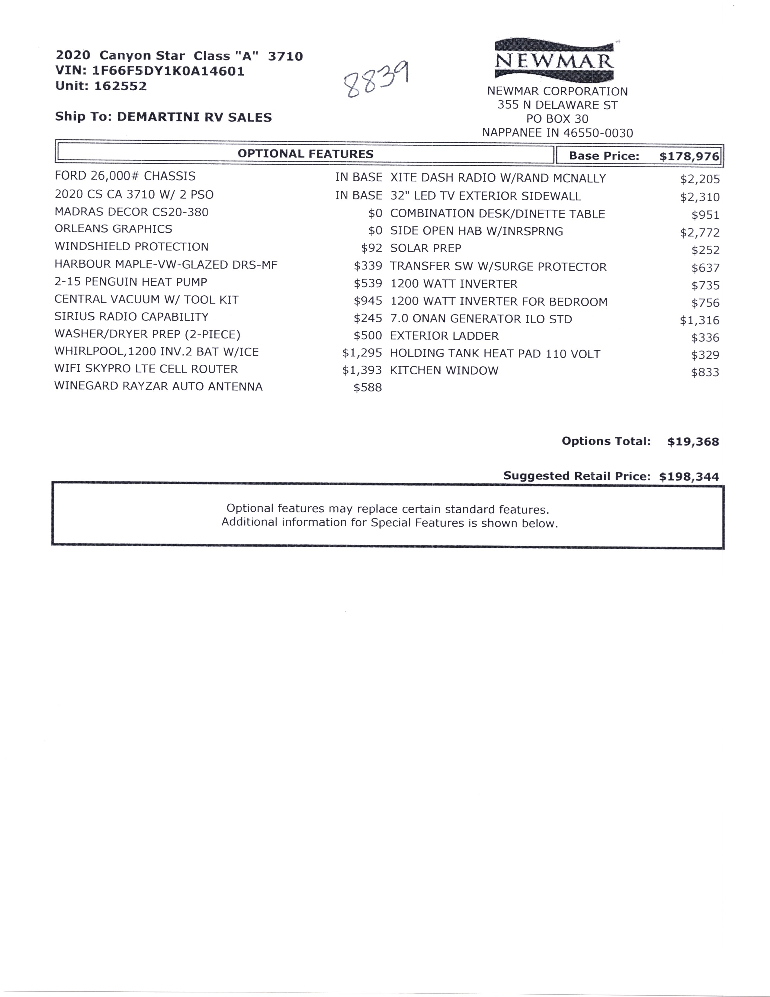 2020 Newmar Canyon Star 3710 MSRP Sheet