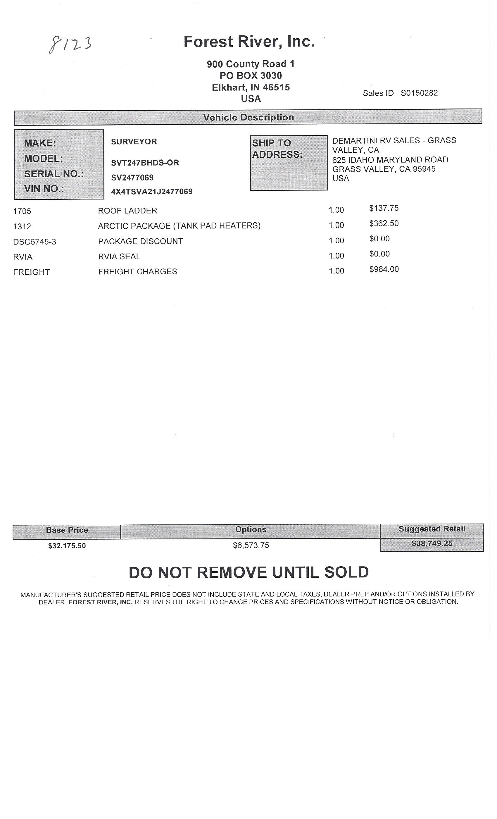 2018 Forest River Surveyor 247BHDS MSRP Sheet