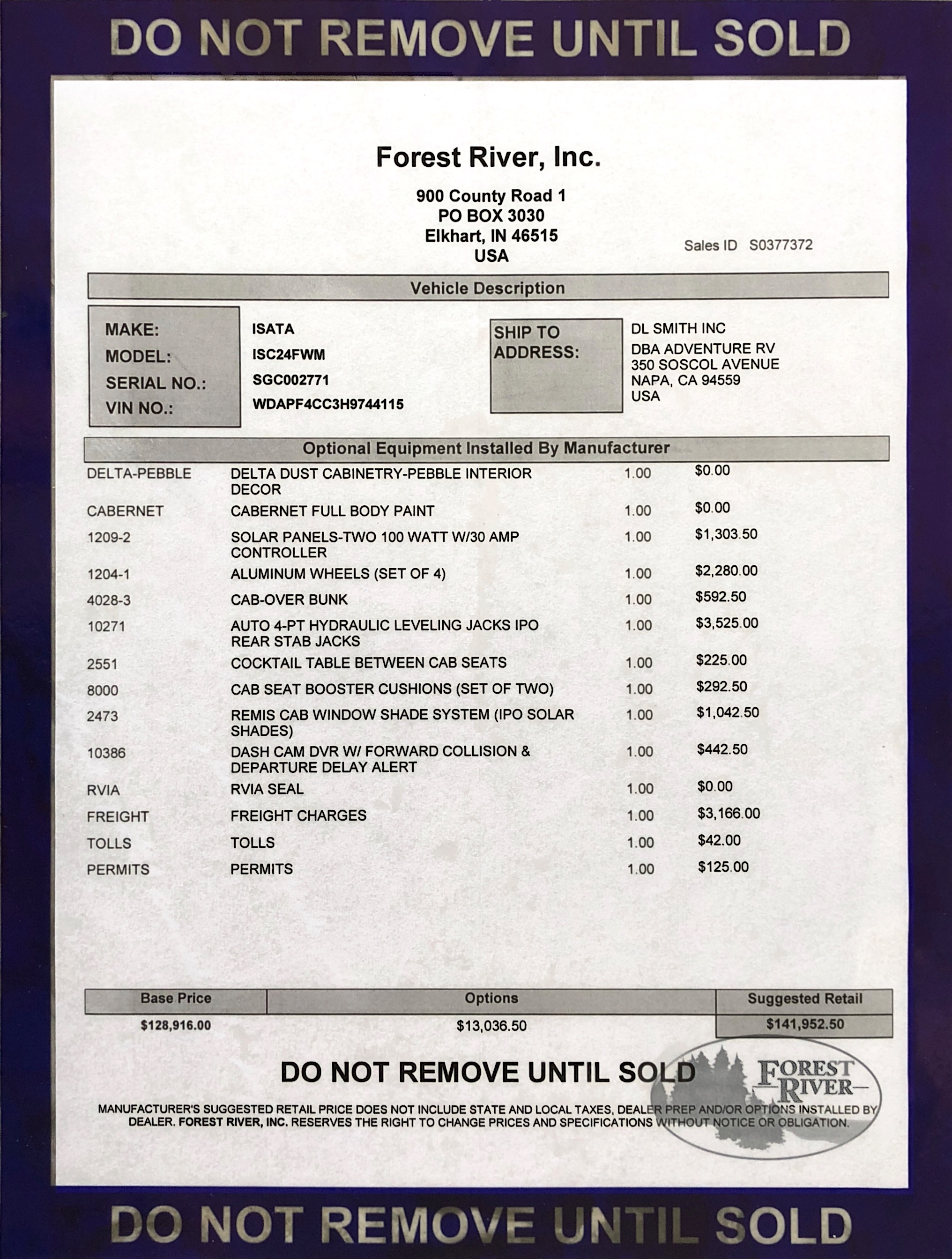 2019 Dynamax Isata 3 24FW MSRP Sheet