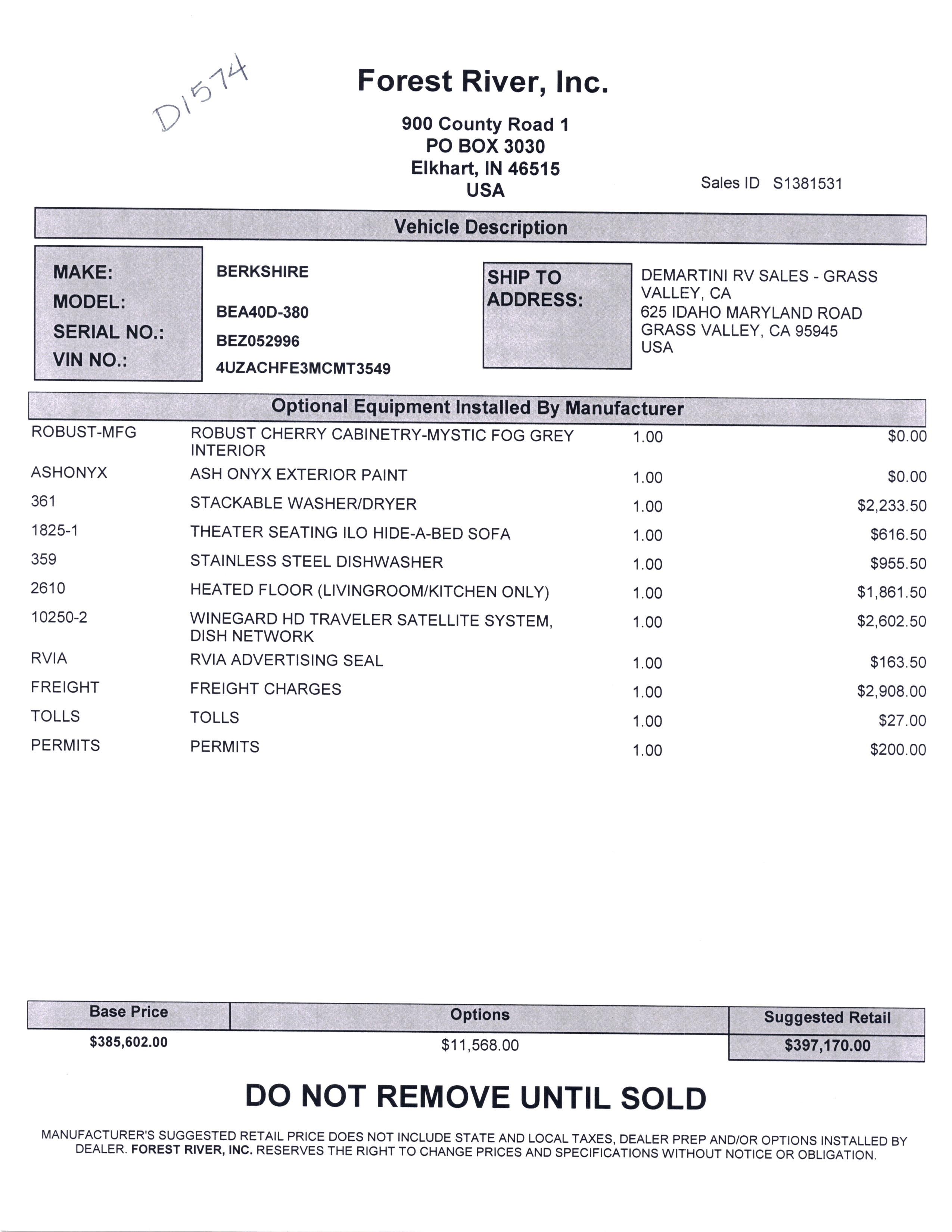 2021 Forest River Berkshire XL 40D MSRP Sheet