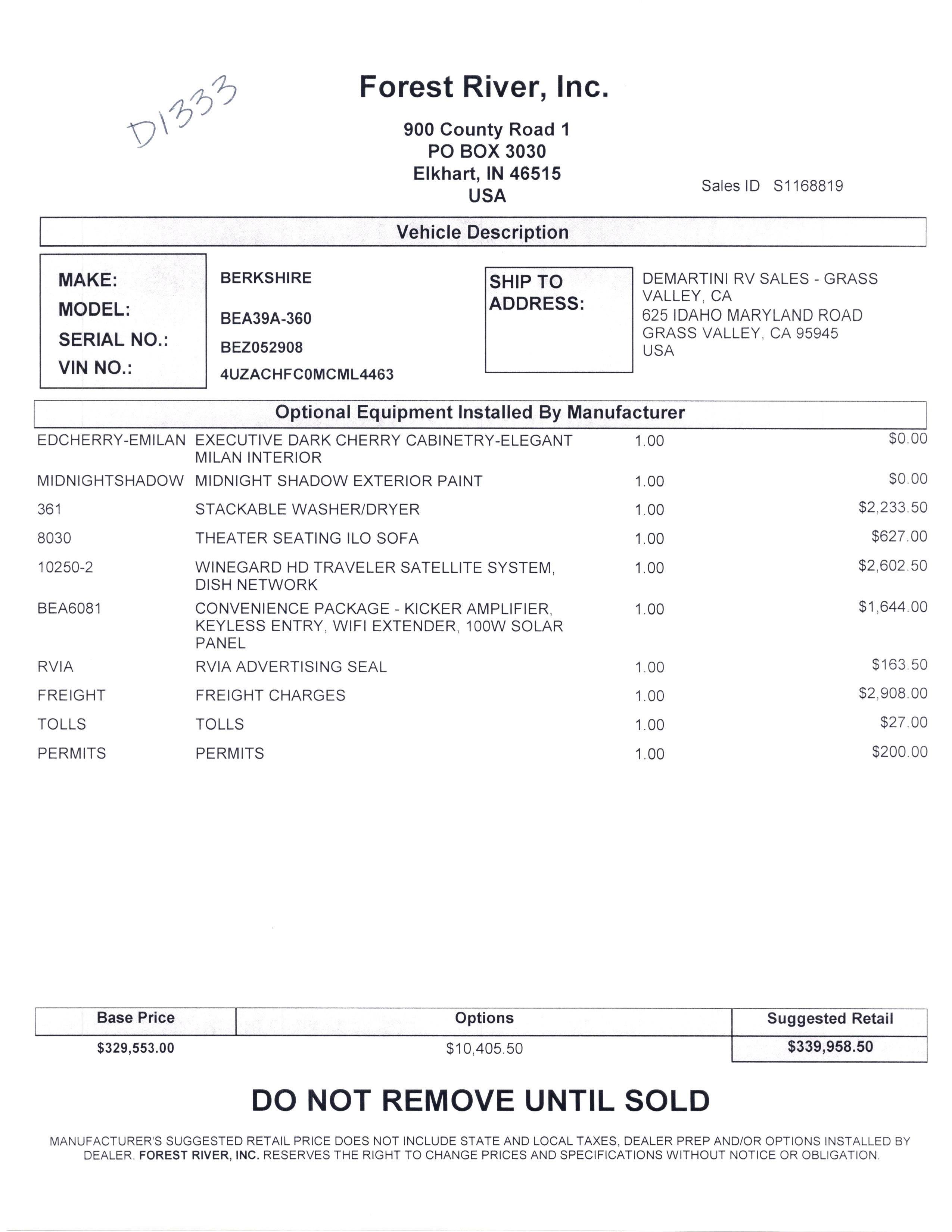 2021 Forest River Berkshire 39A MSRP Sheet