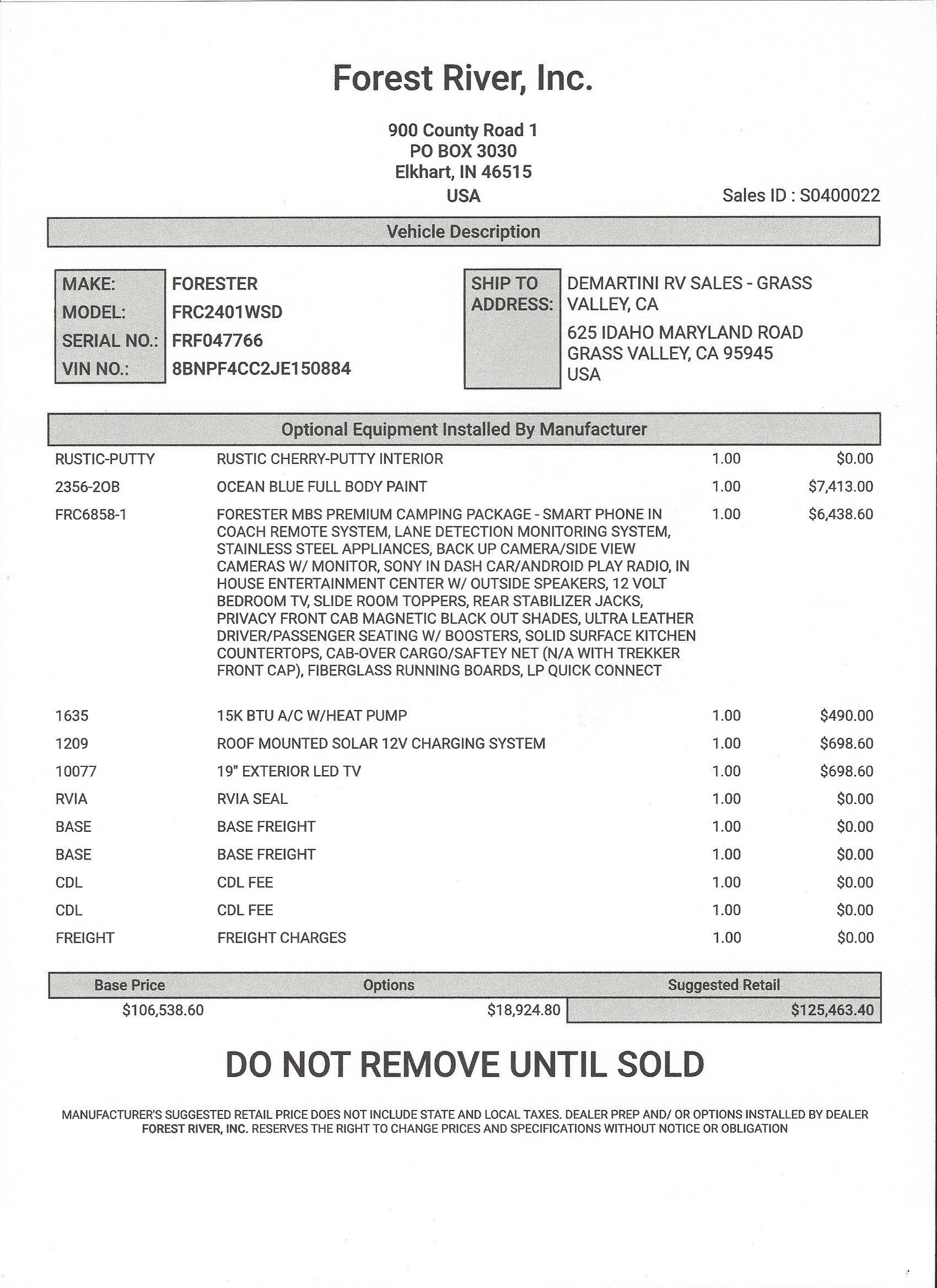 2019 Forest River Forester MBS 2401W MSRP Sheet