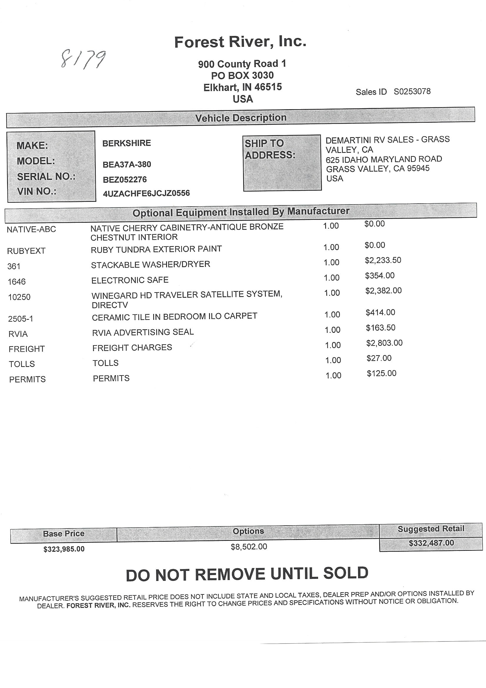 2018 Forest River Berkshire XL 37A MSRP Sheet