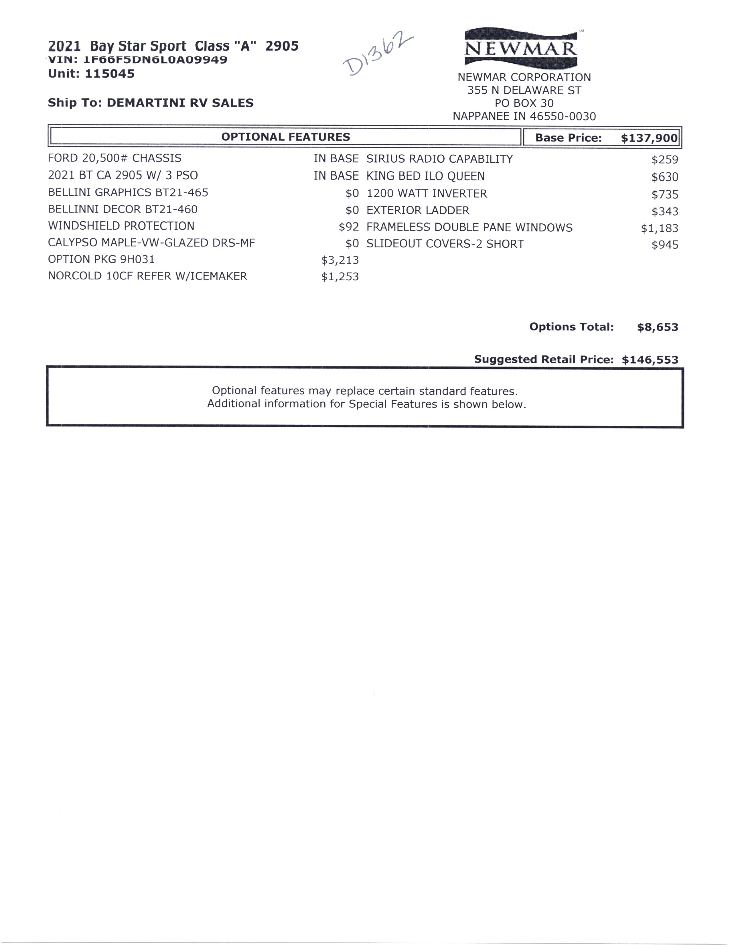 2021 Newmar Bay Star Sport 2905 MSRP Sheet