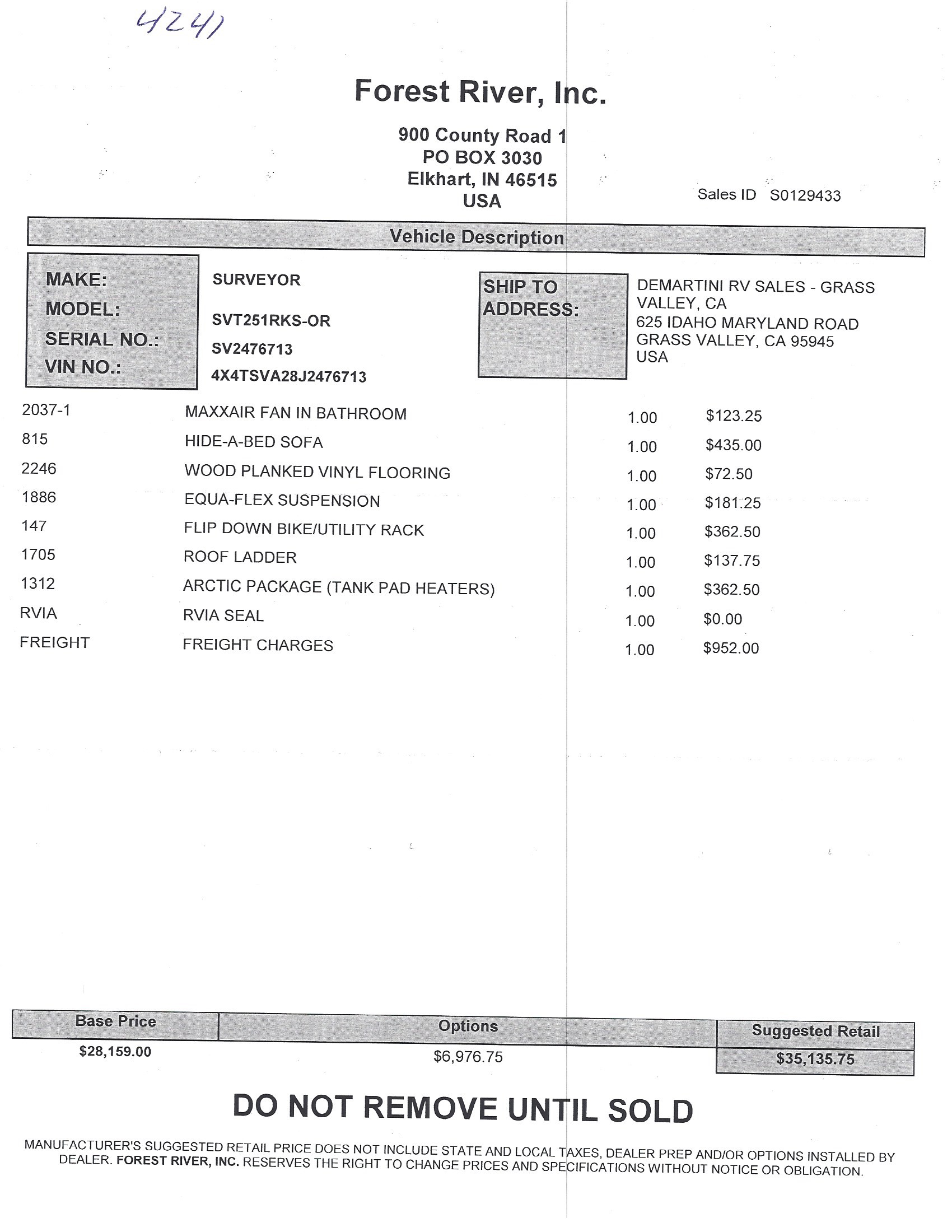 2018 Forest River Surveyor 251RKS MSRP Sheet