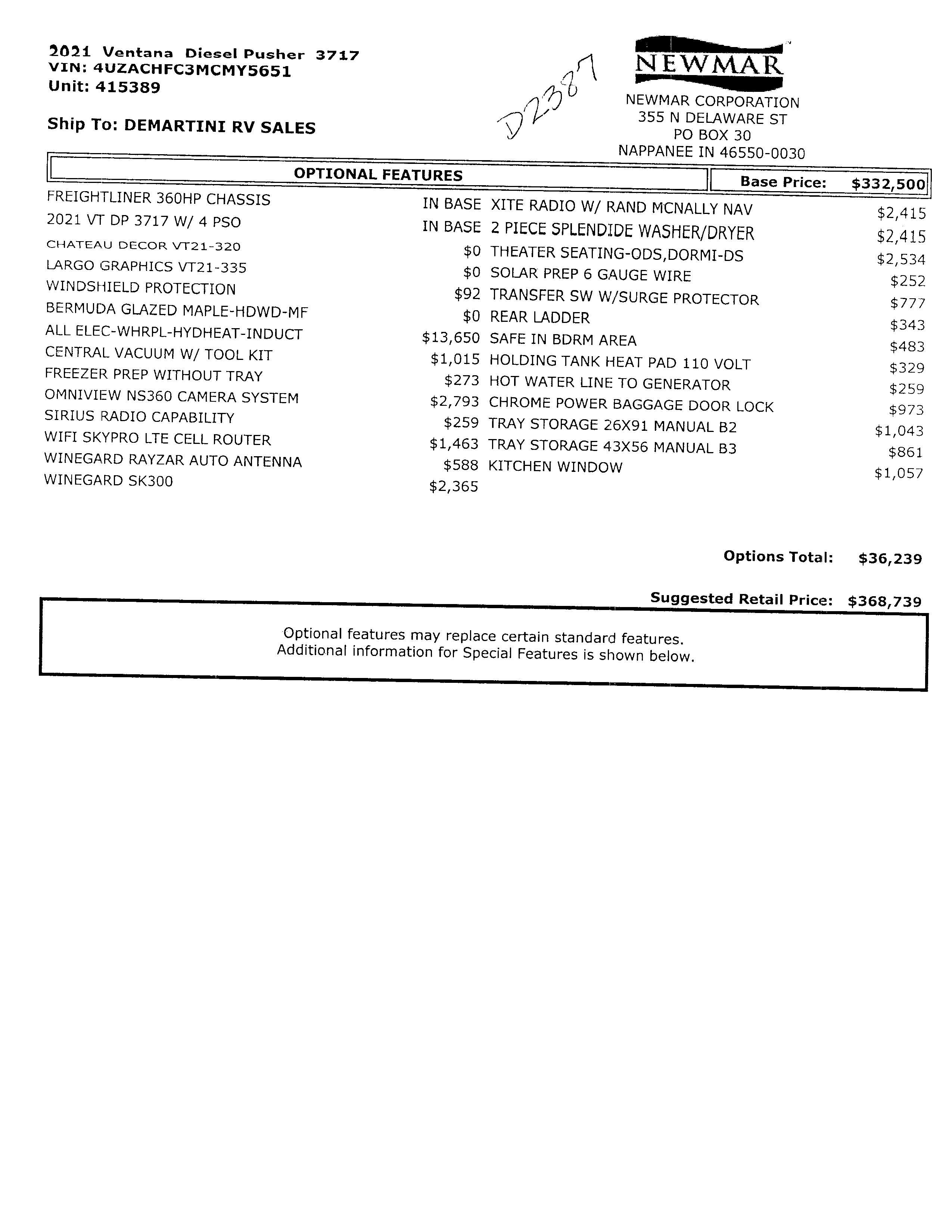 2021 Newmar Ventana 3717 MSRP Sheet