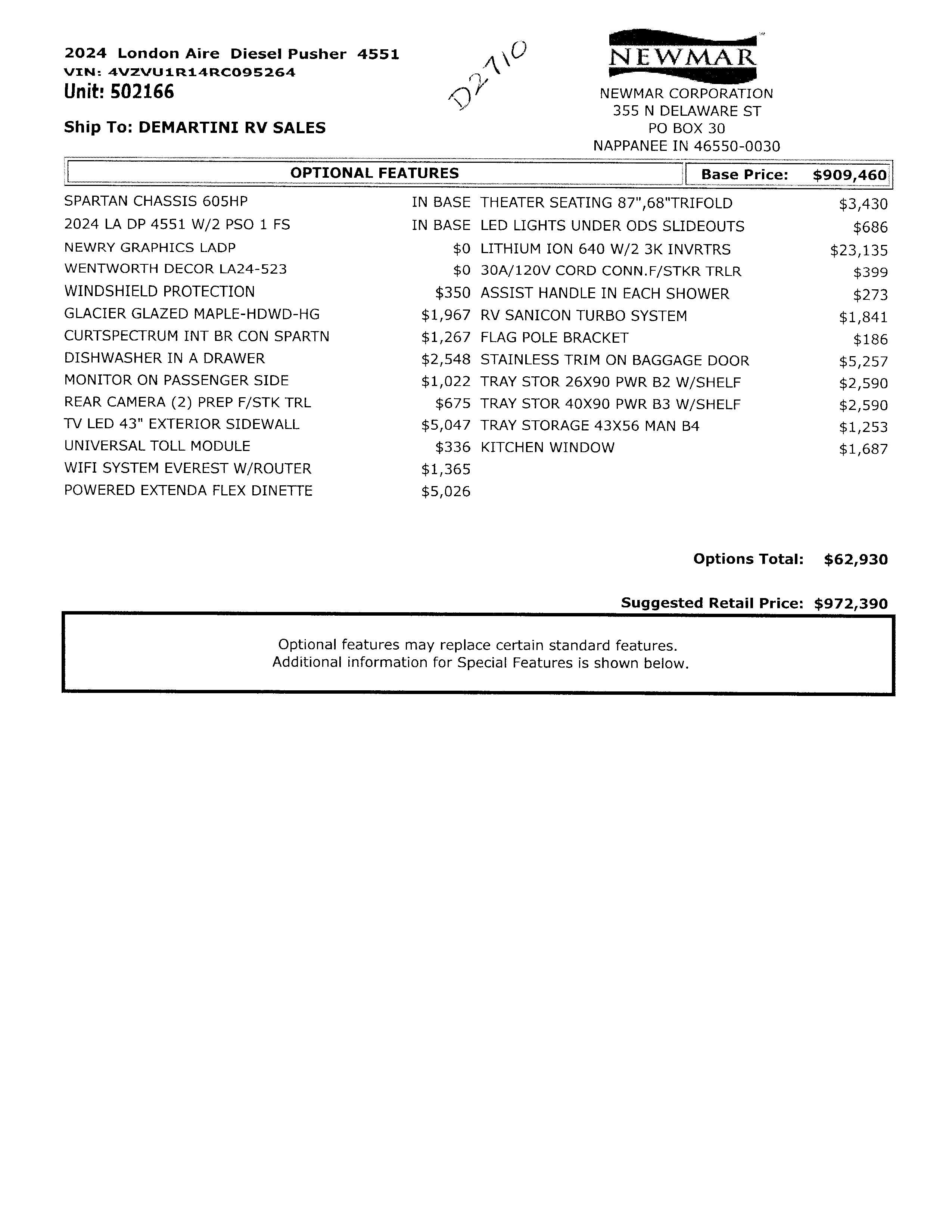 2024 Newmar London Aire 4551 MSRP Sheet