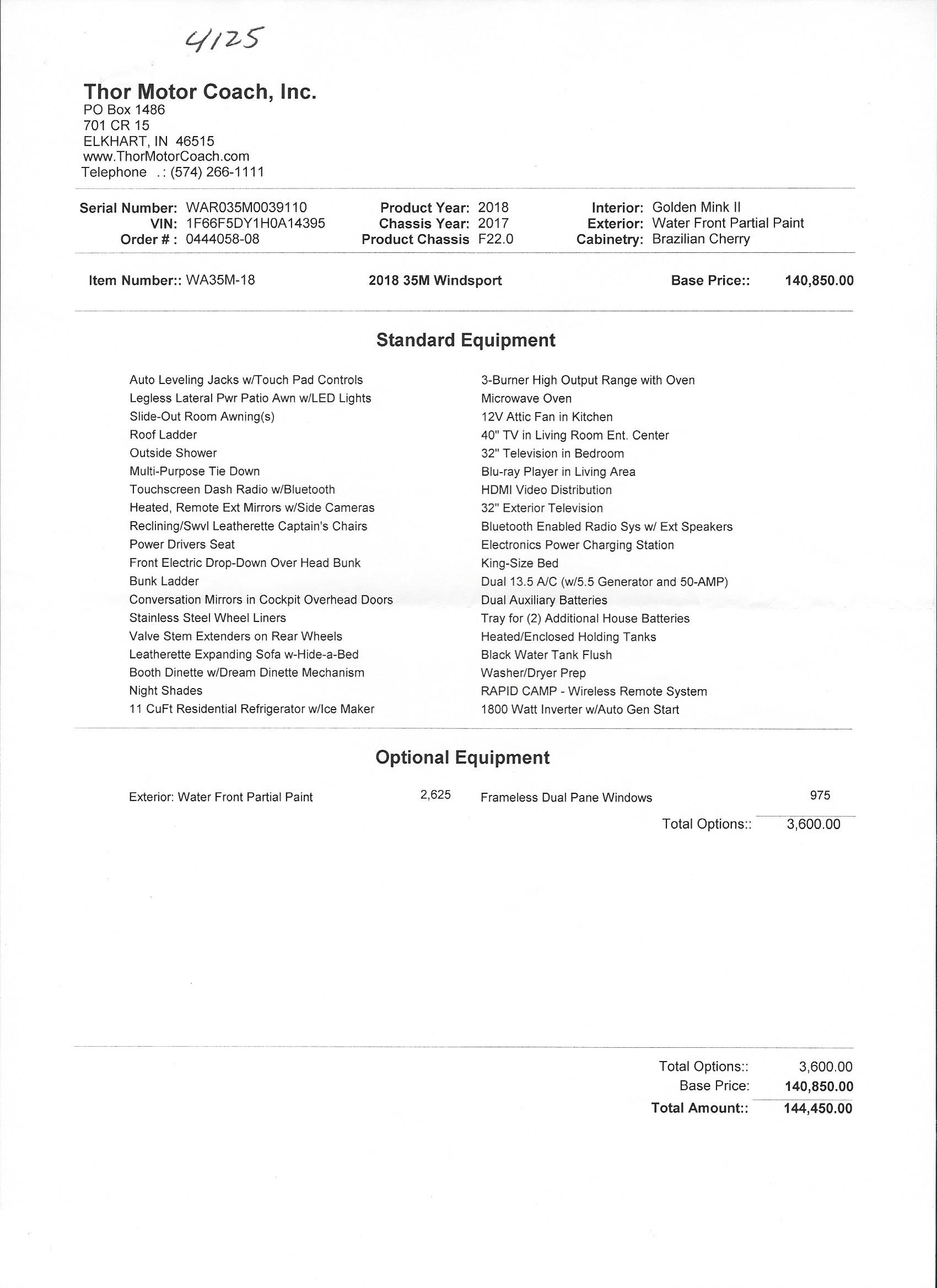 2018 Thor Windsport 35M MSRP Sheet
