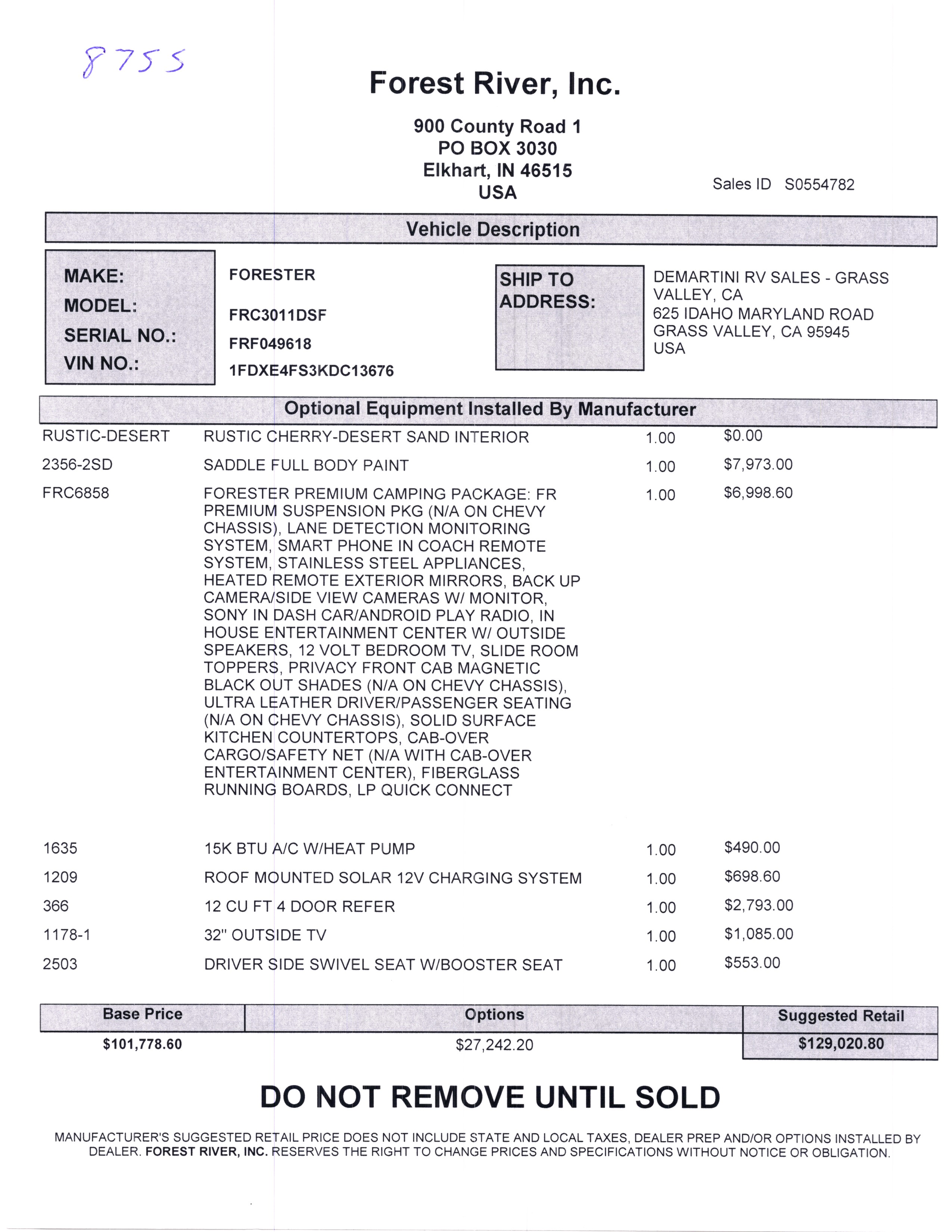 2020 Forest River Forester 3011DS MSRP Sheet